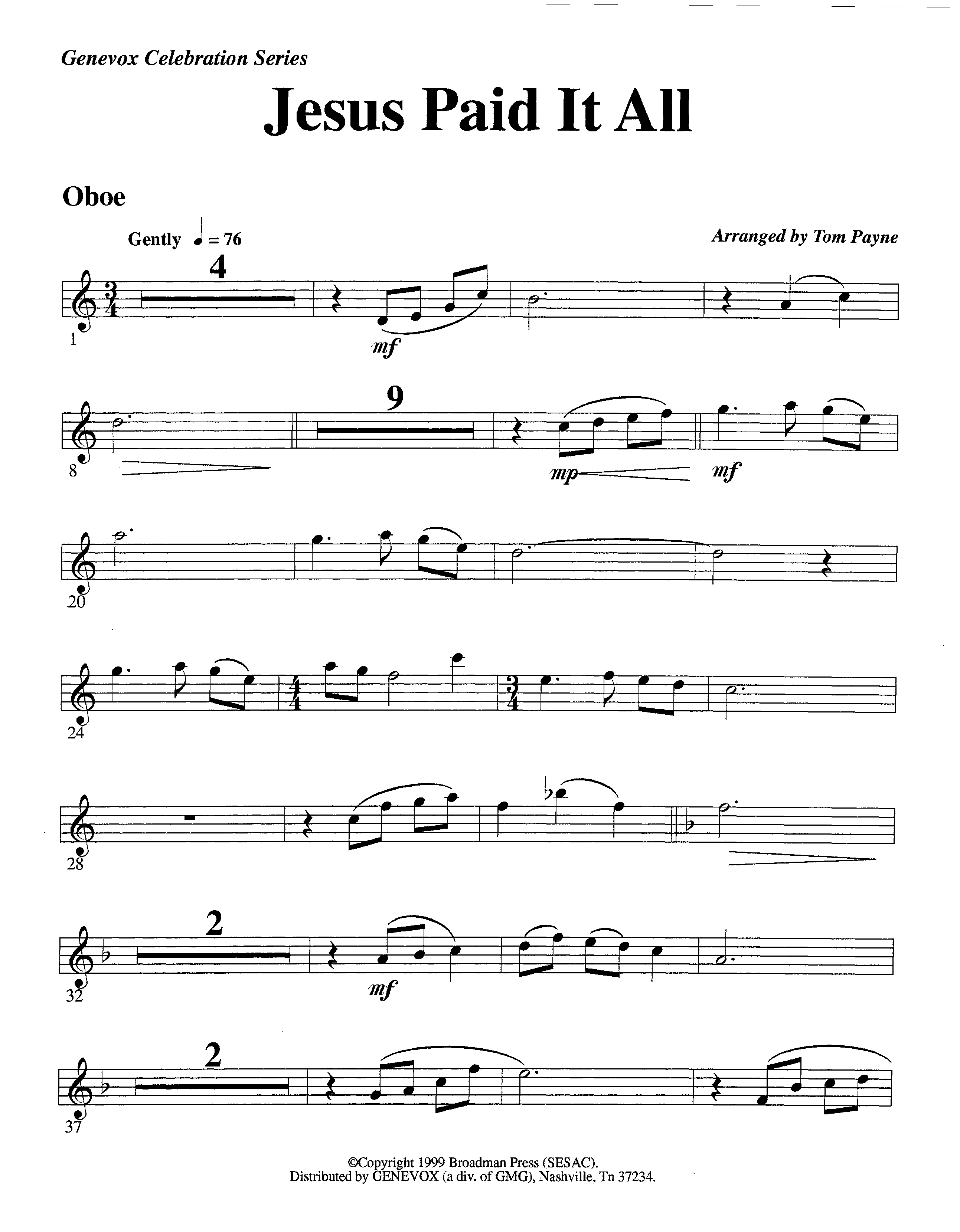 Jesus Paid It All (Instrumental) Oboe (Lifeway Worship / Arr. Tom Payne)