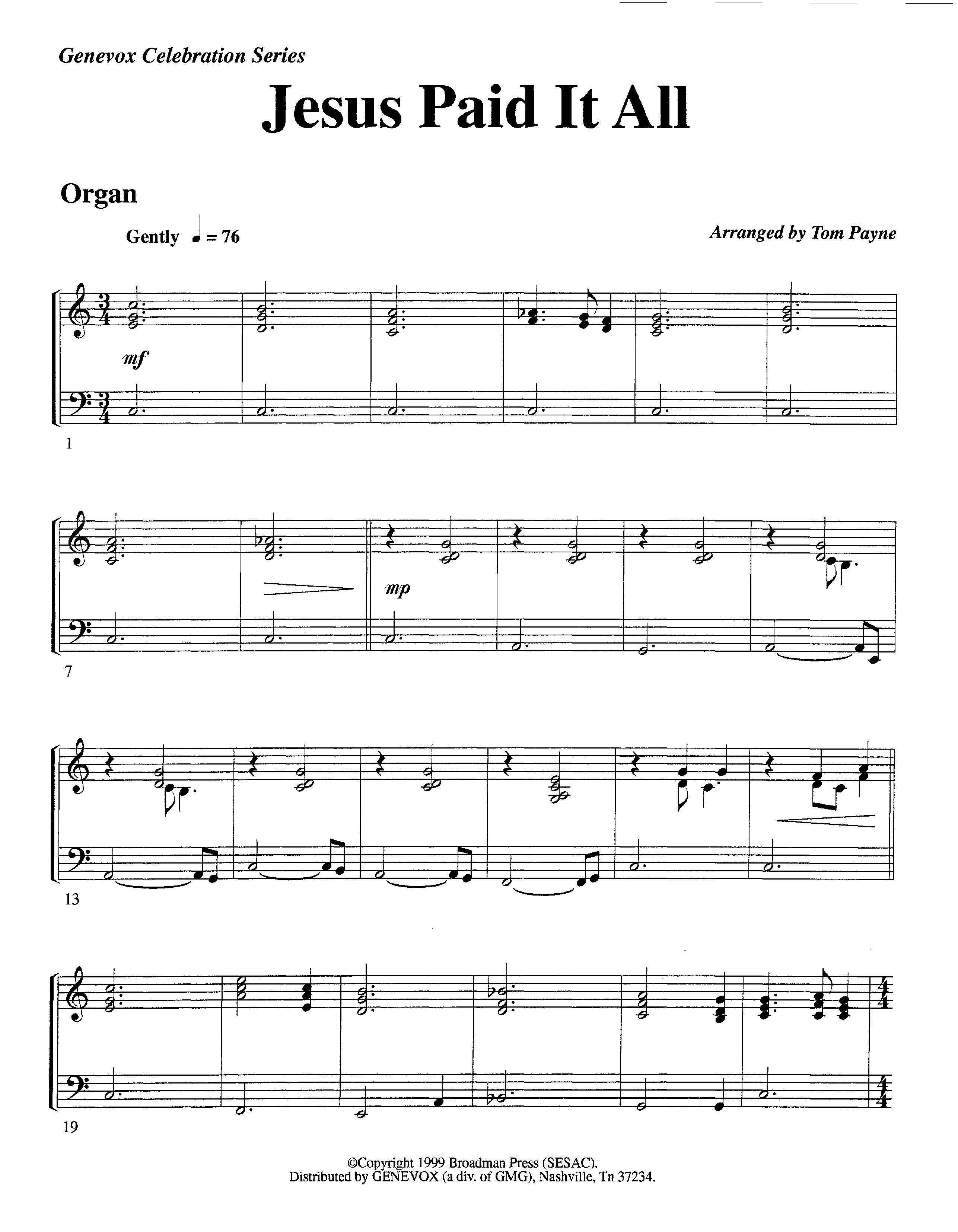 Jesus Paid It All (Instrumental) Organ (Lifeway Worship / Arr. Tom Payne)