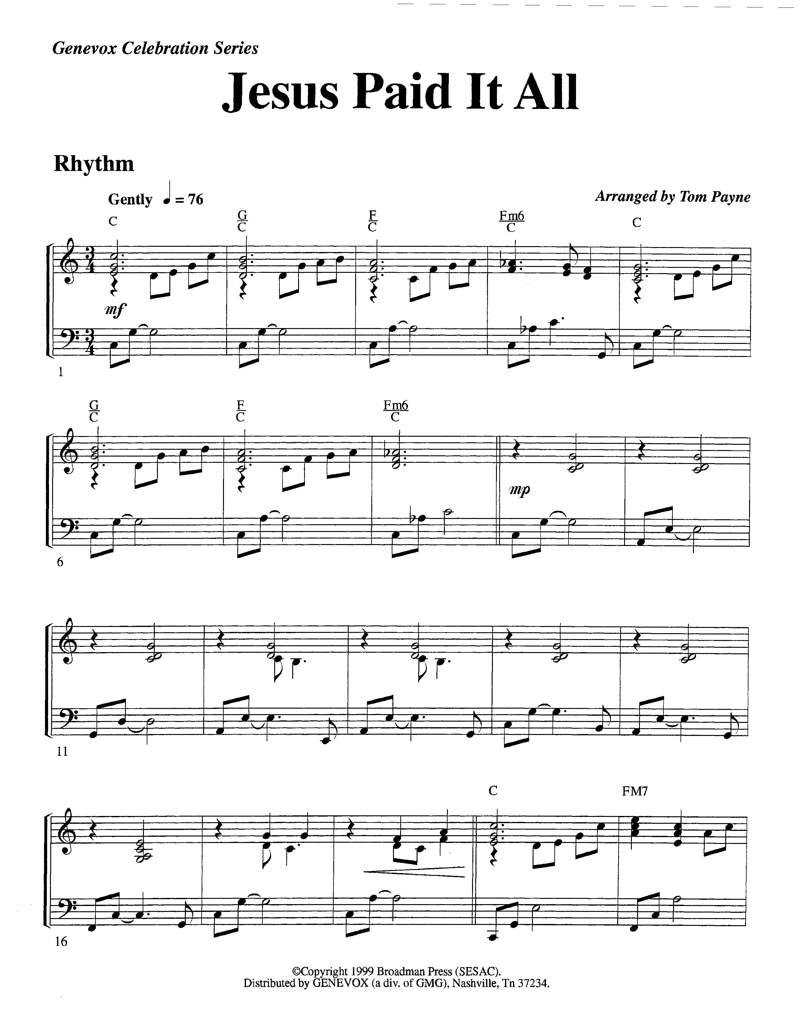 Jesus Paid It All (Instrumental) Rhythm Chart (Lifeway Worship / Arr. Tom Payne)