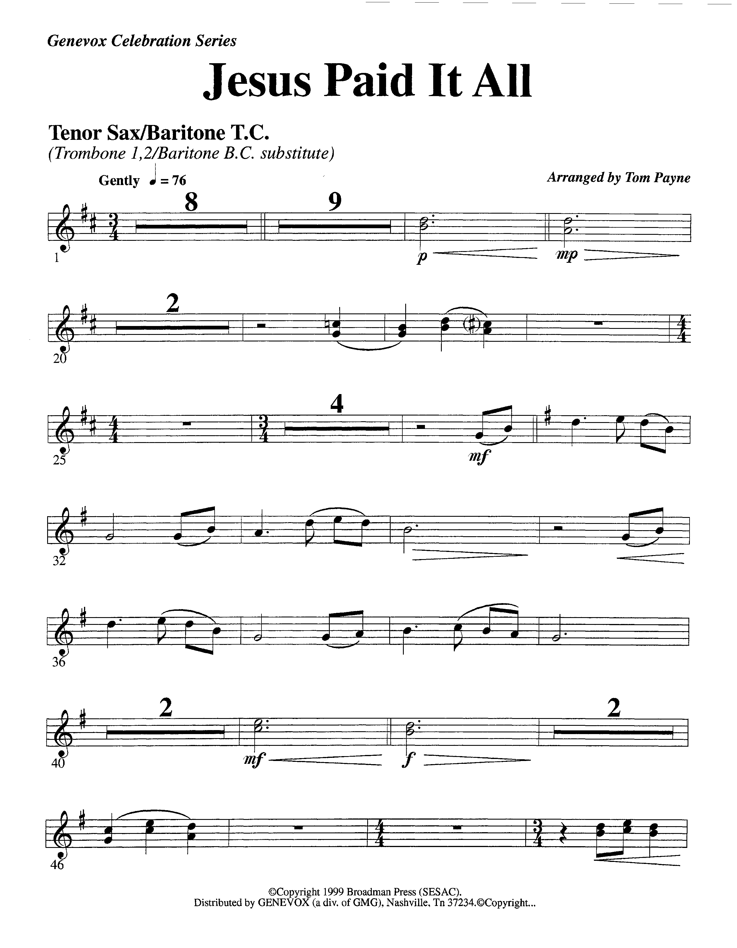 Jesus Paid It All (Instrumental) Tenor Sax/Baritone T.C. (Lifeway Worship / Arr. Tom Payne)