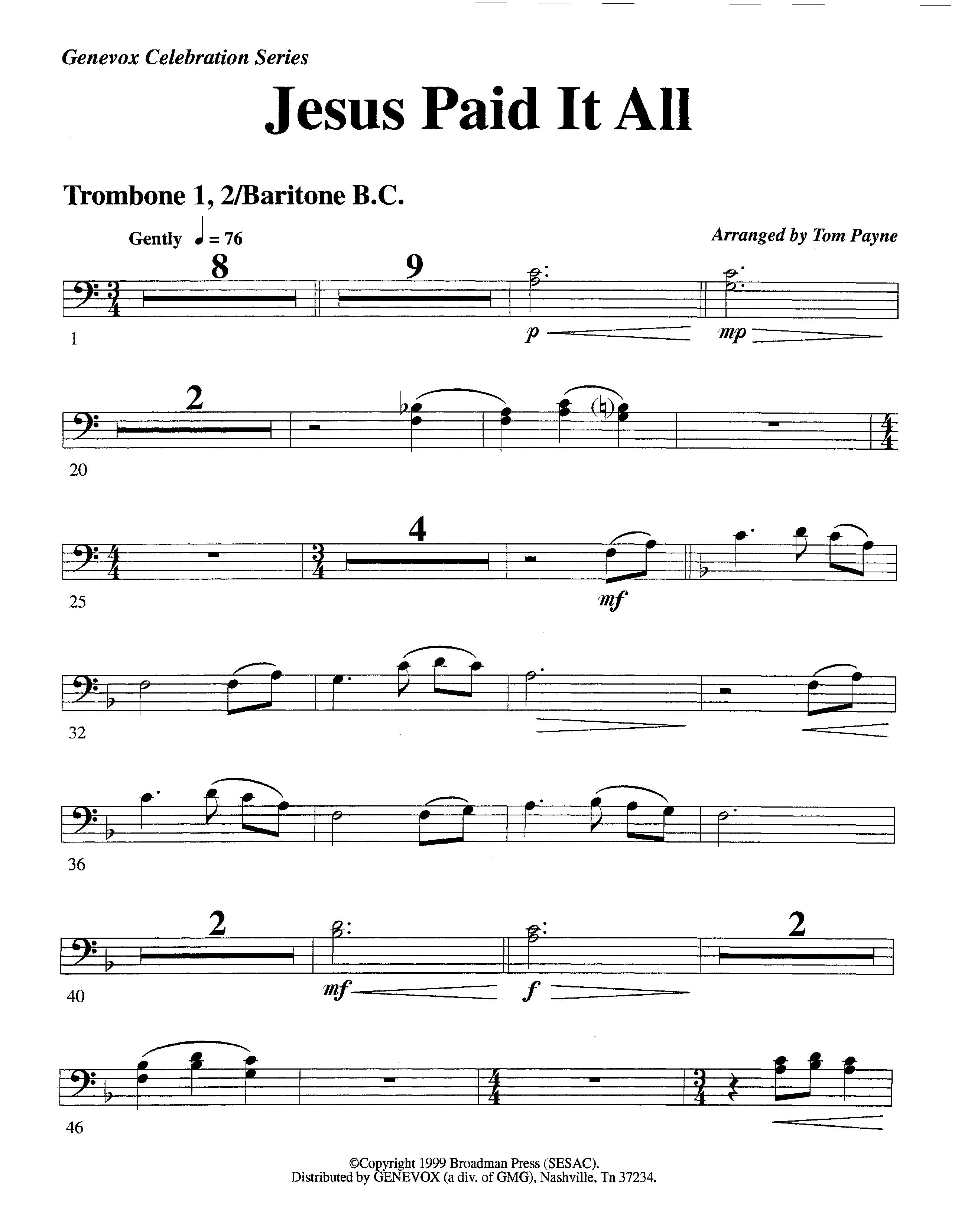 Jesus Paid It All (Instrumental) Trombone 1/2 (Lifeway Worship / Arr. Tom Payne)