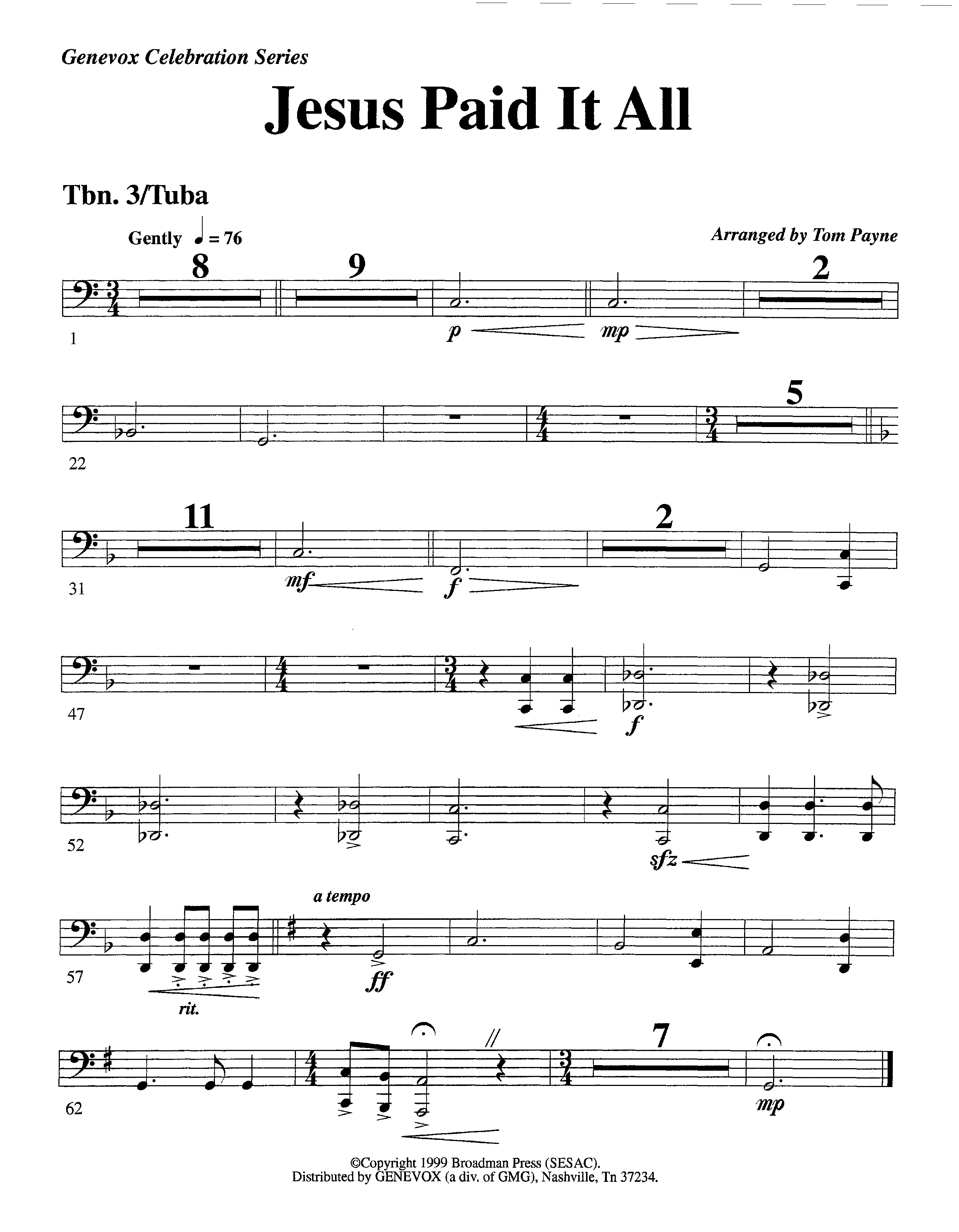 Jesus Paid It All (Instrumental) Trombone 3/Tuba (Lifeway Worship / Arr. Tom Payne)