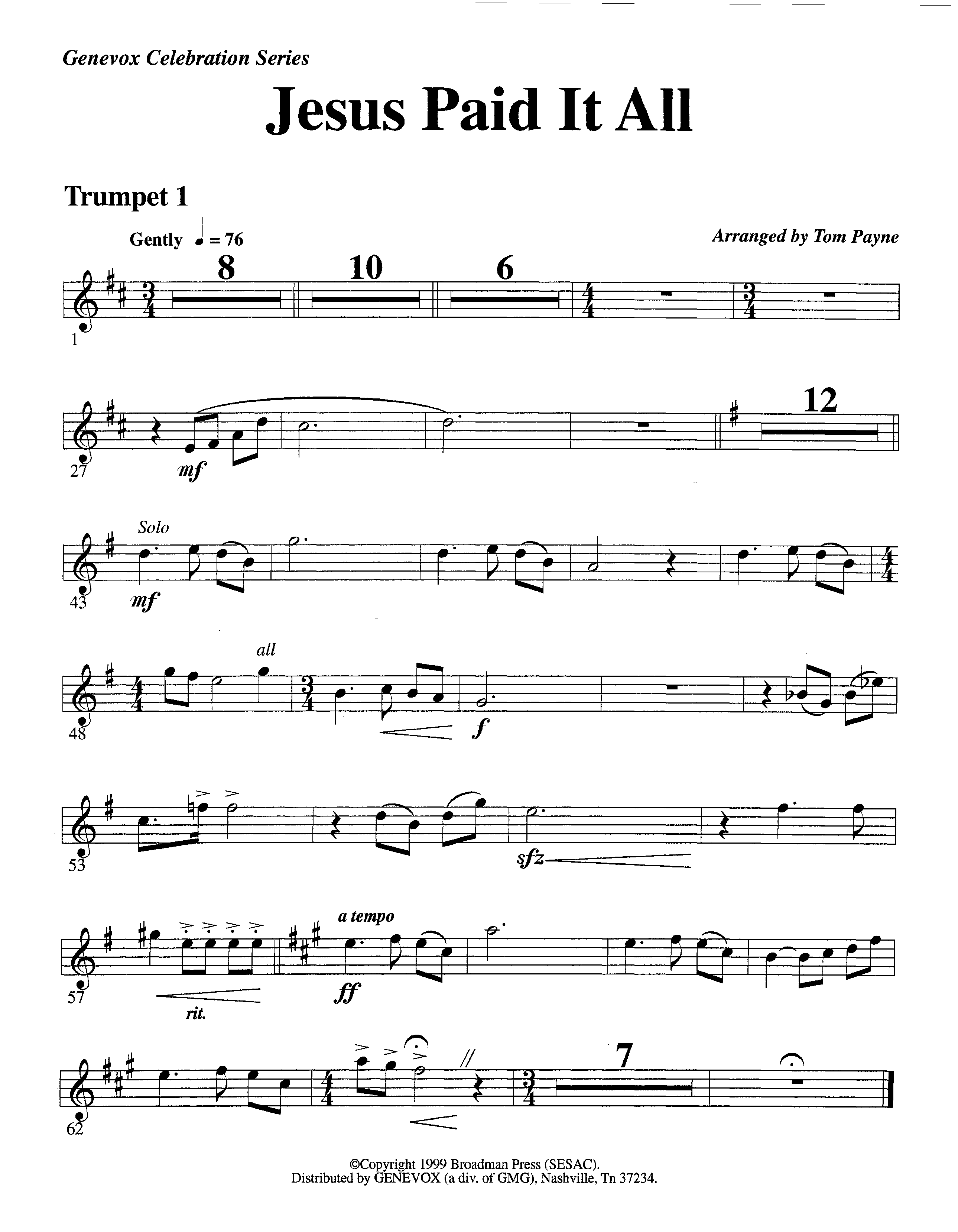 Jesus Paid It All (Instrumental) Trumpet 1 (Lifeway Worship / Arr. Tom Payne)