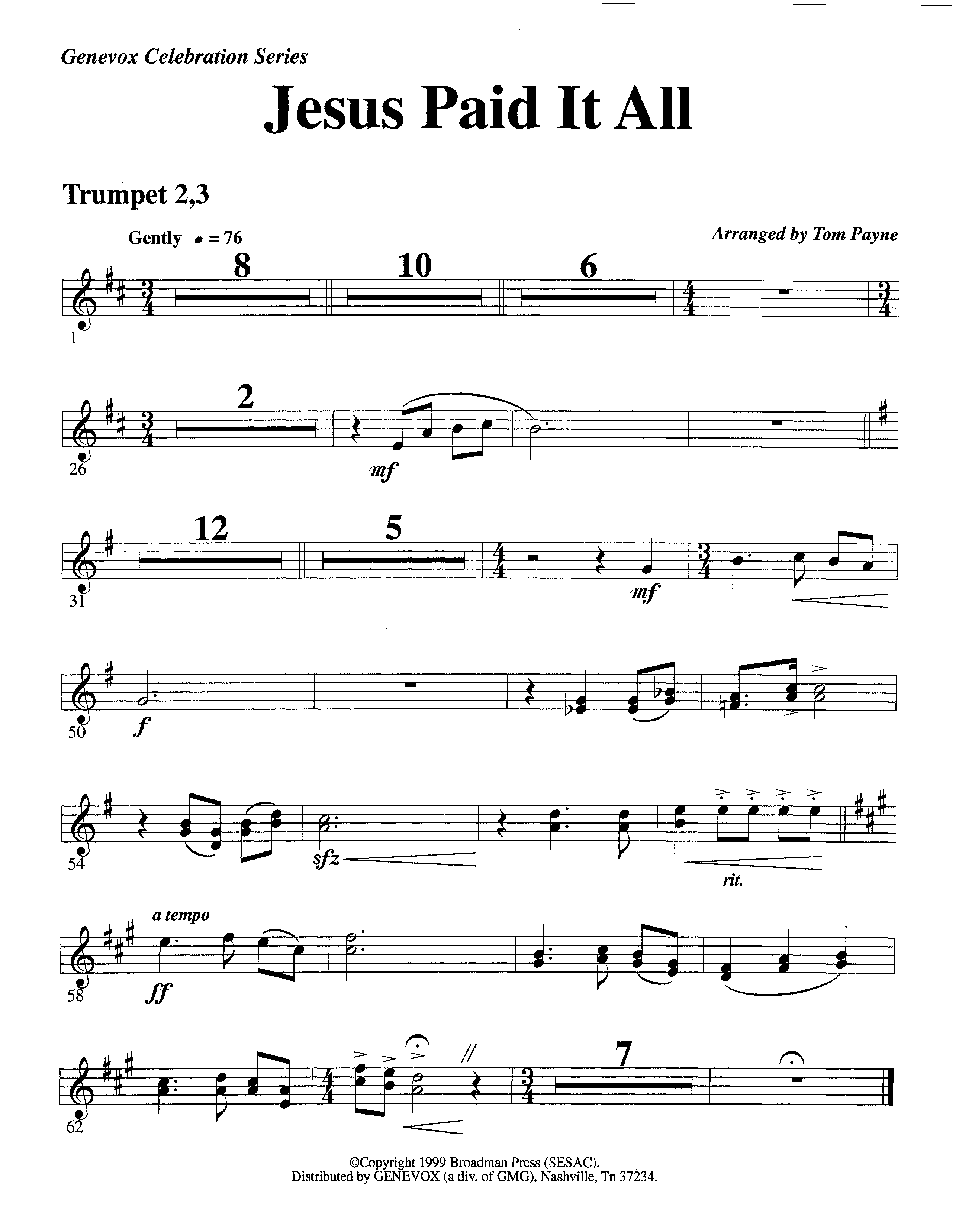 Jesus Paid It All (Instrumental) Trumpet 2/3 (Lifeway Worship / Arr. Tom Payne)