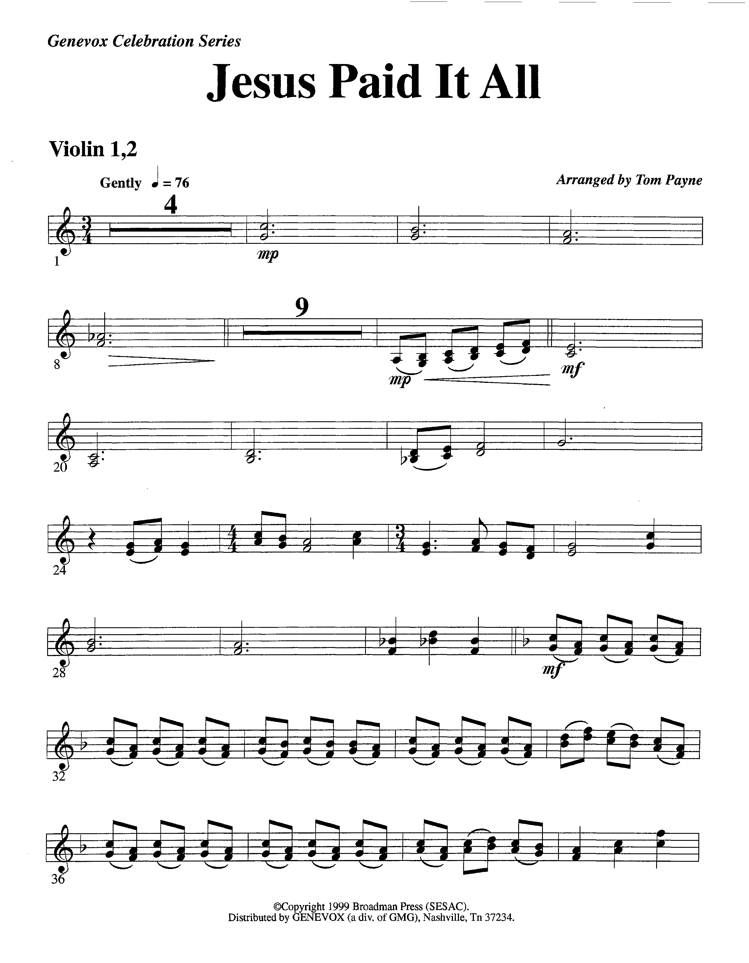 Jesus Paid It All (Instrumental) Violin 1/2 (Lifeway Worship / Arr. Tom Payne)