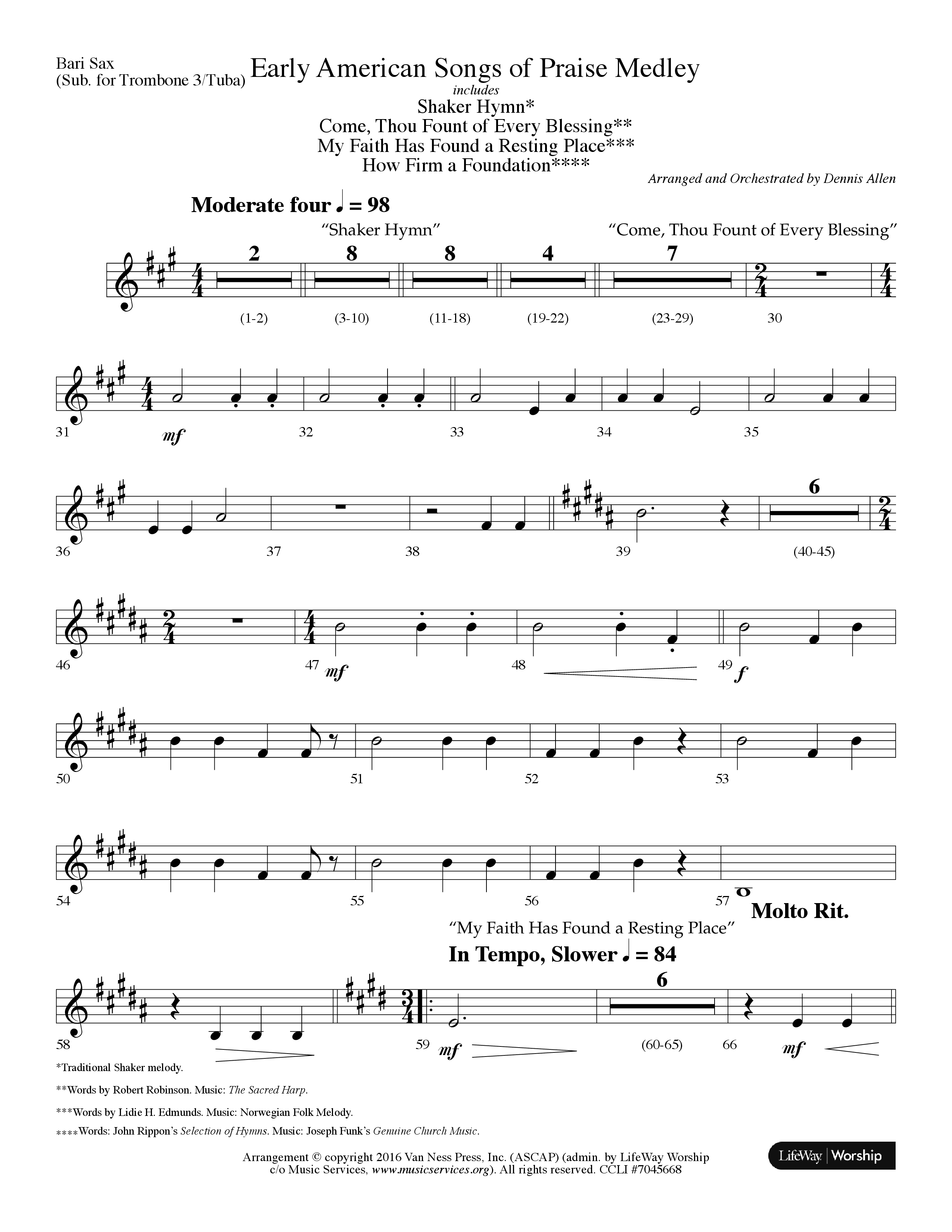 Early American Songs Of Praise Medley (with Shaker Hymn, Come Thou Fount Of Every Blessing, My Faith (Choral Anthem SATB) Bari Sax (Lifeway Choral / Arr. Dennis Allen)