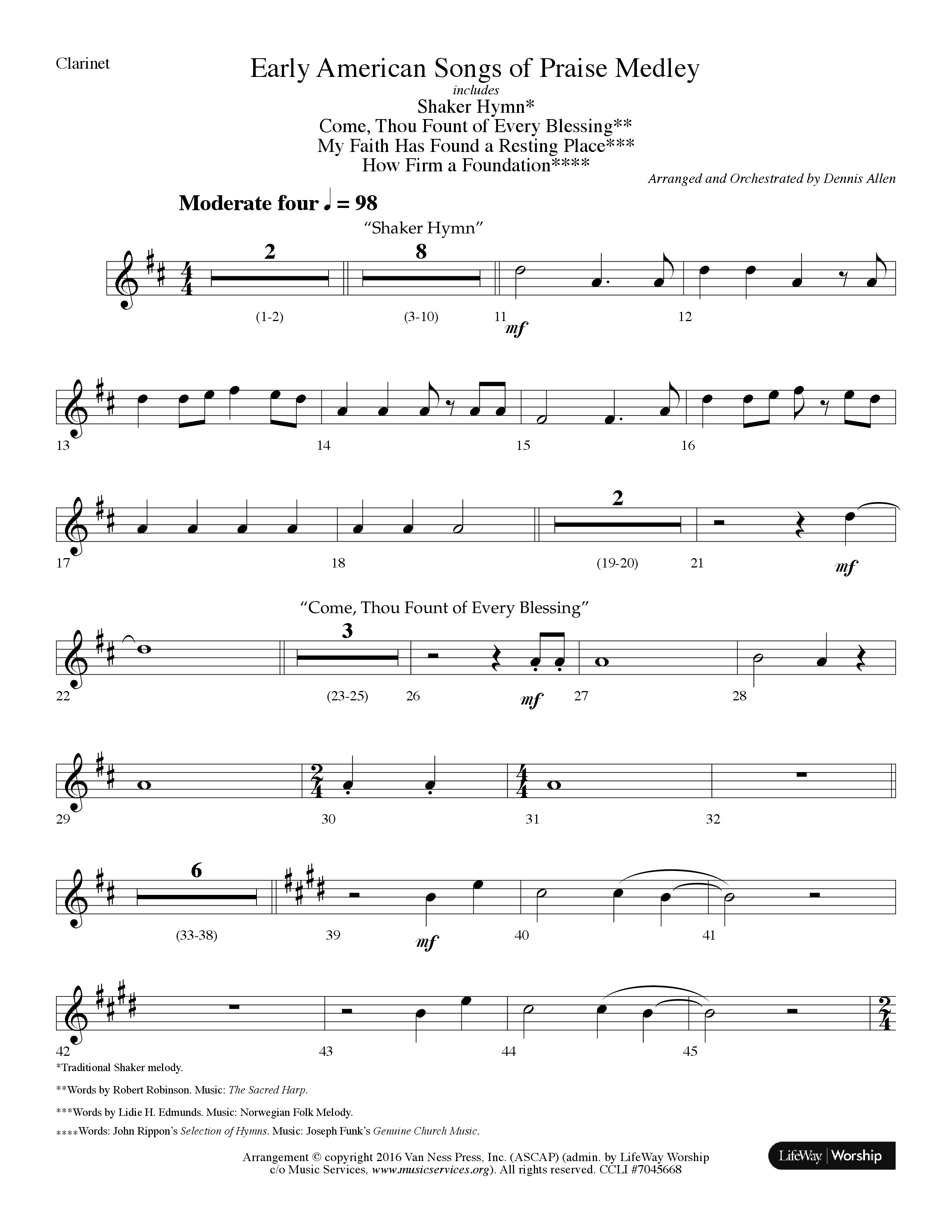 Early American Songs Of Praise Medley (with Shaker Hymn, Come Thou Fount Of Every Blessing, My Faith (Choral Anthem SATB) Clarinet (Lifeway Choral / Arr. Dennis Allen)