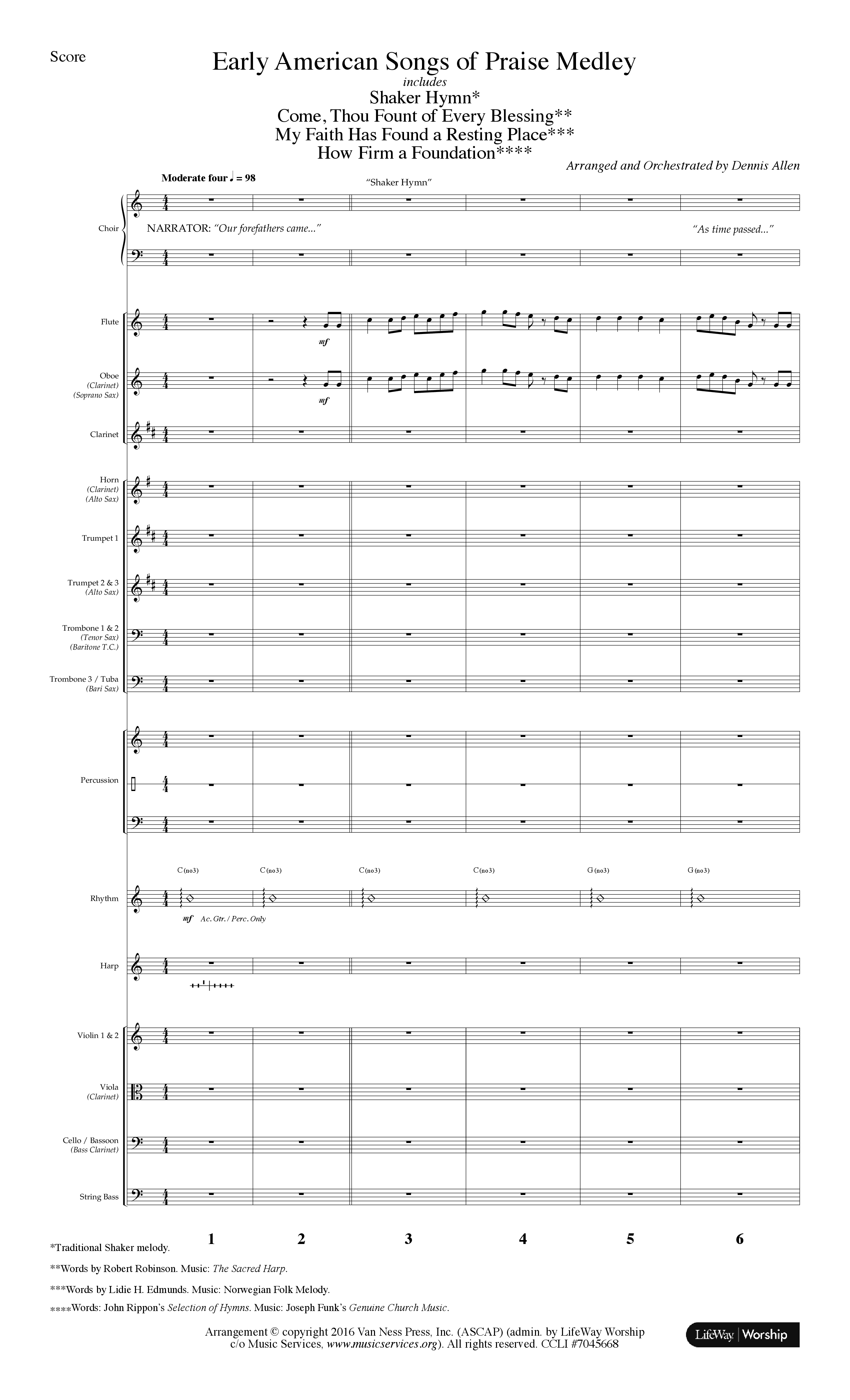 Early American Songs Of Praise Medley (with Shaker Hymn, Come Thou Fount Of Every Blessing, My Faith (Choral Anthem SATB) Orchestration (Lifeway Choral / Arr. Dennis Allen)