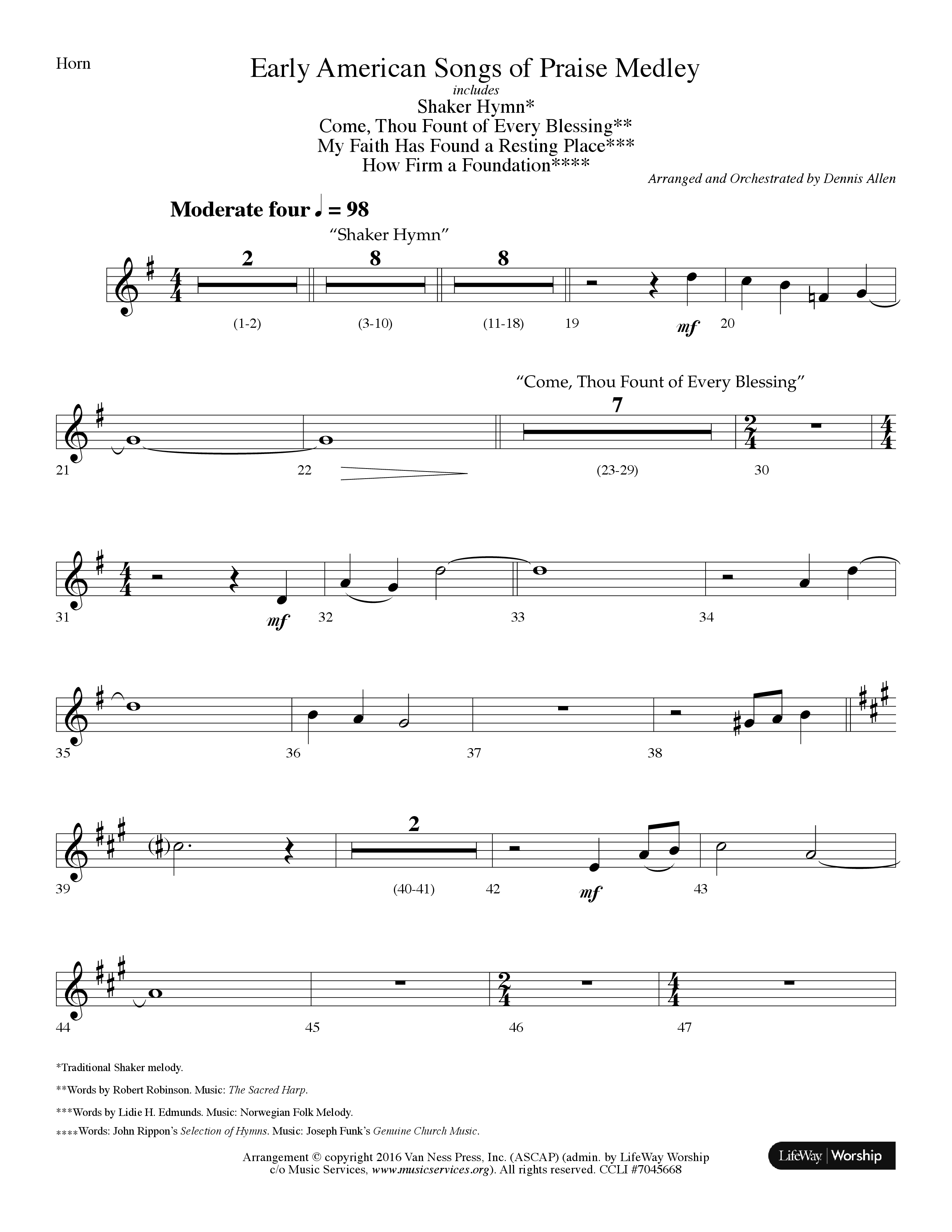 Early American Songs Of Praise Medley (with Shaker Hymn, Come Thou Fount Of Every Blessing, My Faith (Choral Anthem SATB) French Horn (Lifeway Choral / Arr. Dennis Allen)