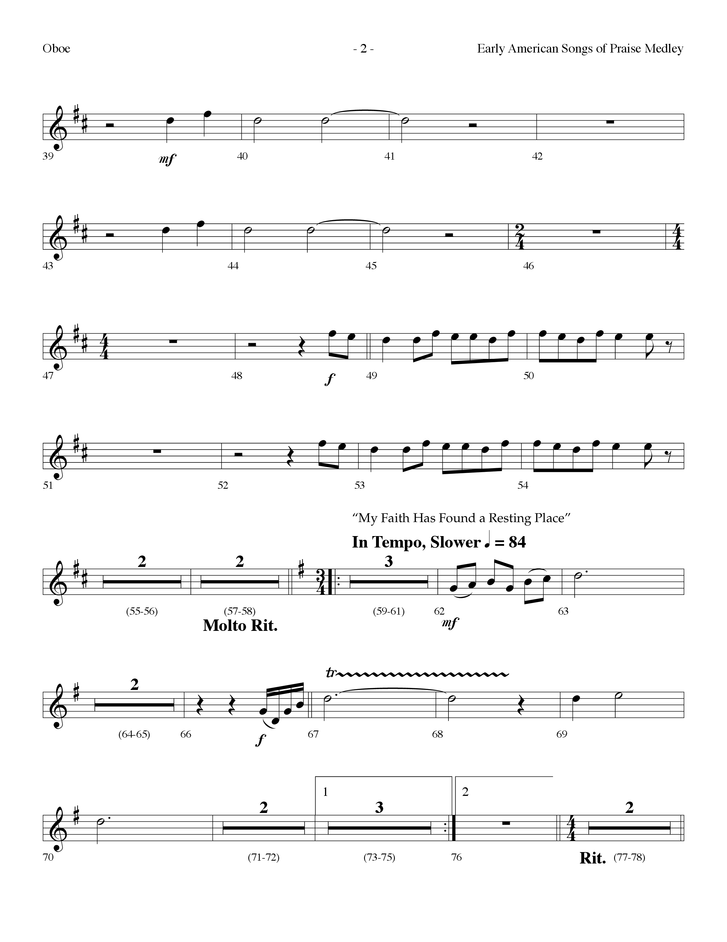 Early American Songs Of Praise Medley (with Shaker Hymn, Come Thou Fount Of Every Blessing, My Faith (Choral Anthem SATB) Oboe (Lifeway Choral / Arr. Dennis Allen)