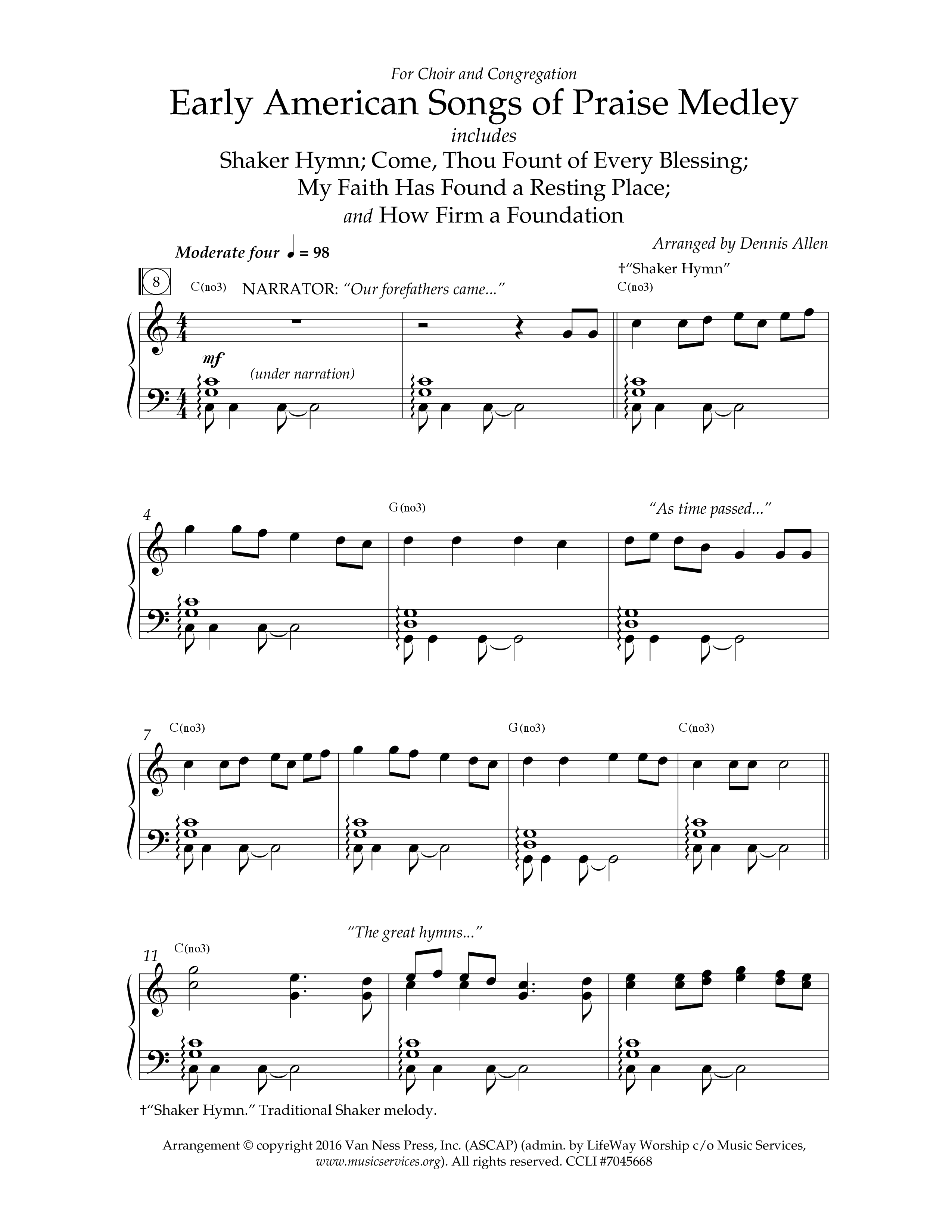 Early American Songs Of Praise Medley (with Shaker Hymn, Come Thou Fount Of Every Blessing, My Faith (Choral Anthem SATB) Anthem (SATB/Piano) (Lifeway Choral / Arr. Dennis Allen)