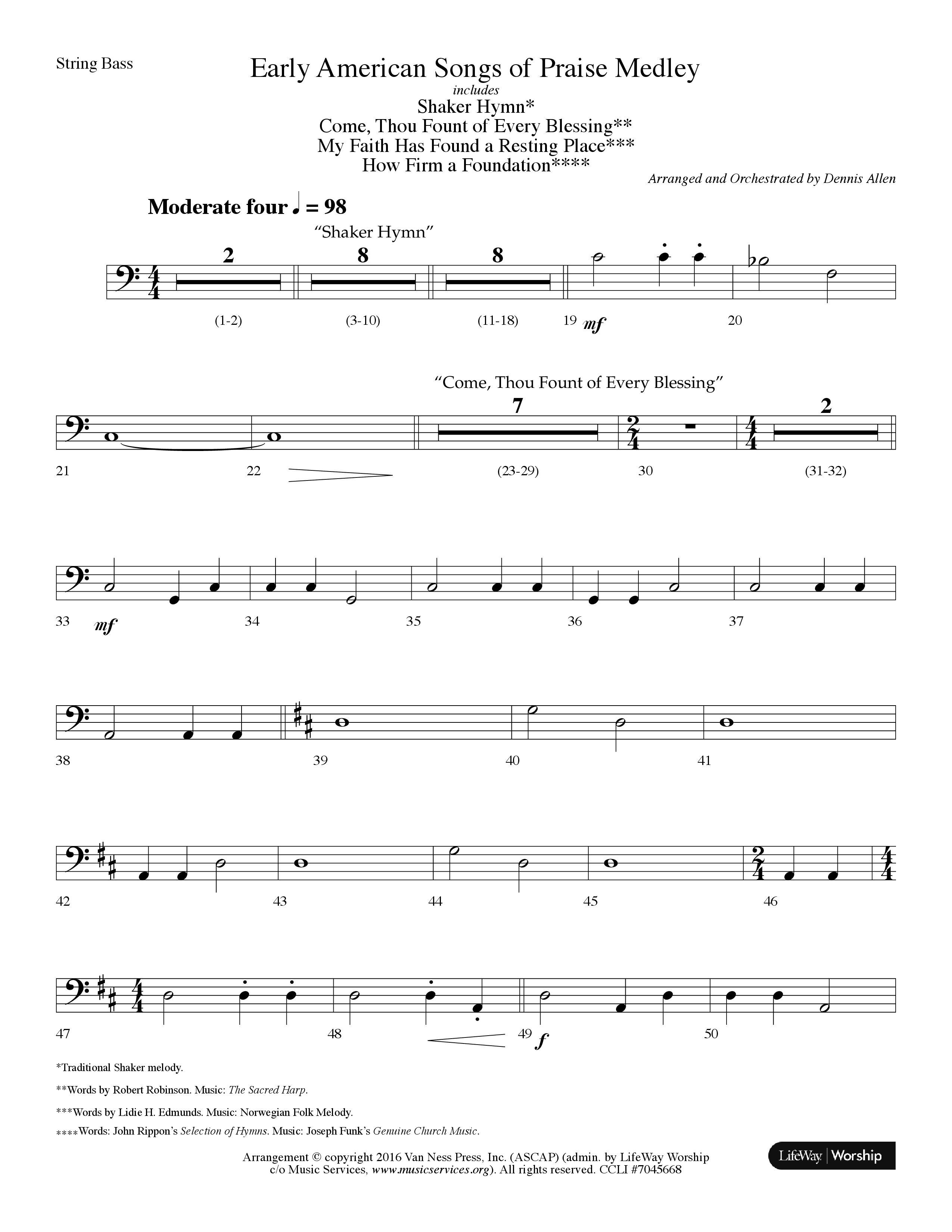 Early American Songs Of Praise Medley (with Shaker Hymn, Come Thou Fount Of Every Blessing, My Faith (Choral Anthem SATB) String Bass (Lifeway Choral / Arr. Dennis Allen)
