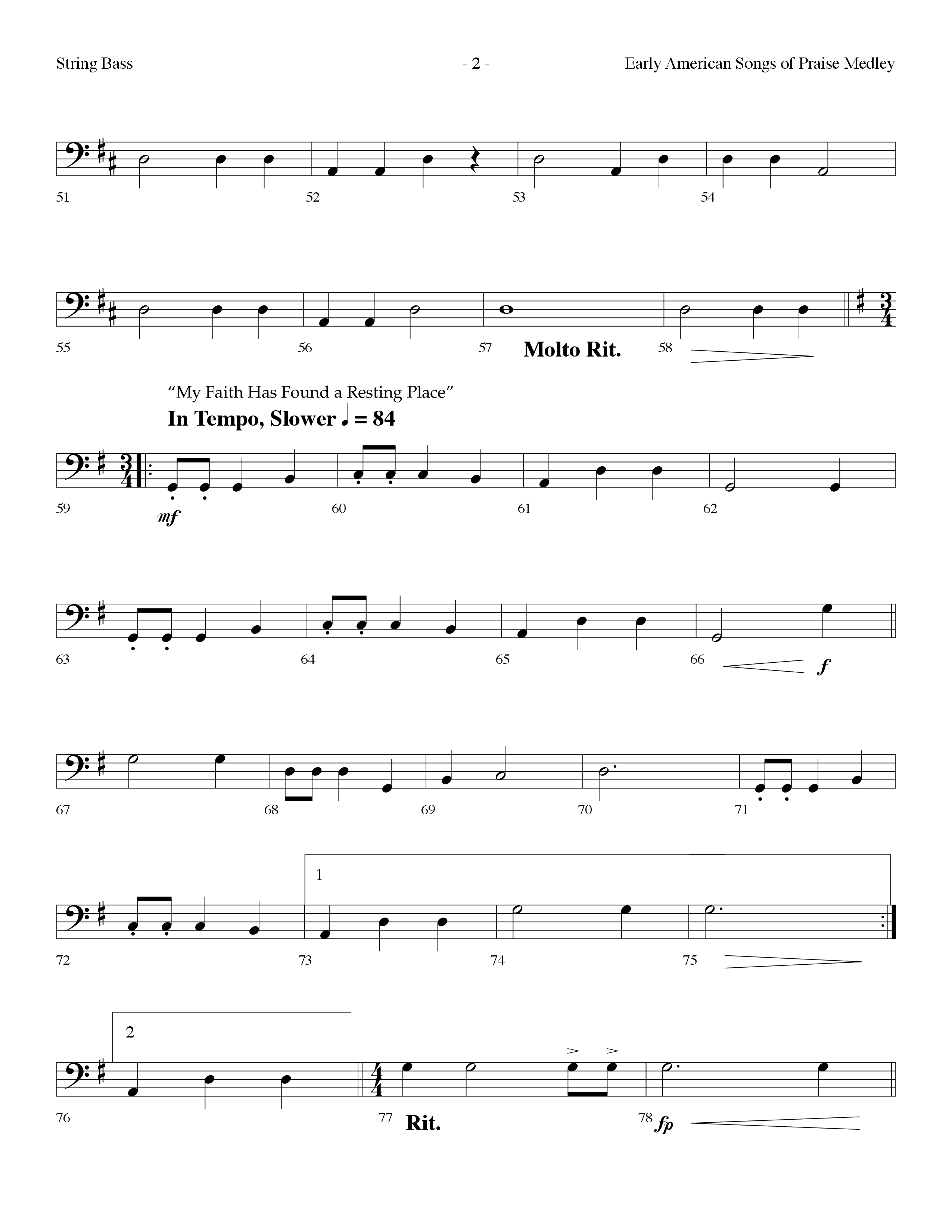 Early American Songs Of Praise Medley (with Shaker Hymn, Come Thou Fount Of Every Blessing, My Faith (Choral Anthem SATB) String Bass (Lifeway Choral / Arr. Dennis Allen)