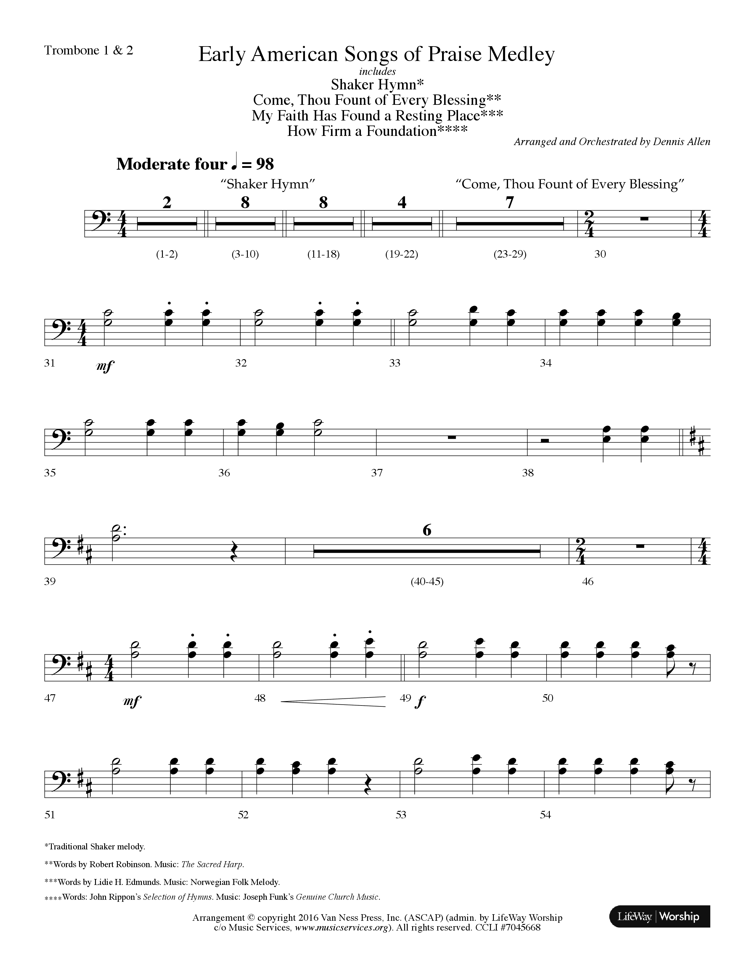 Early American Songs Of Praise Medley (with Shaker Hymn, Come Thou Fount Of Every Blessing, My Faith (Choral Anthem SATB) Trombone 1/2 (Lifeway Choral / Arr. Dennis Allen)