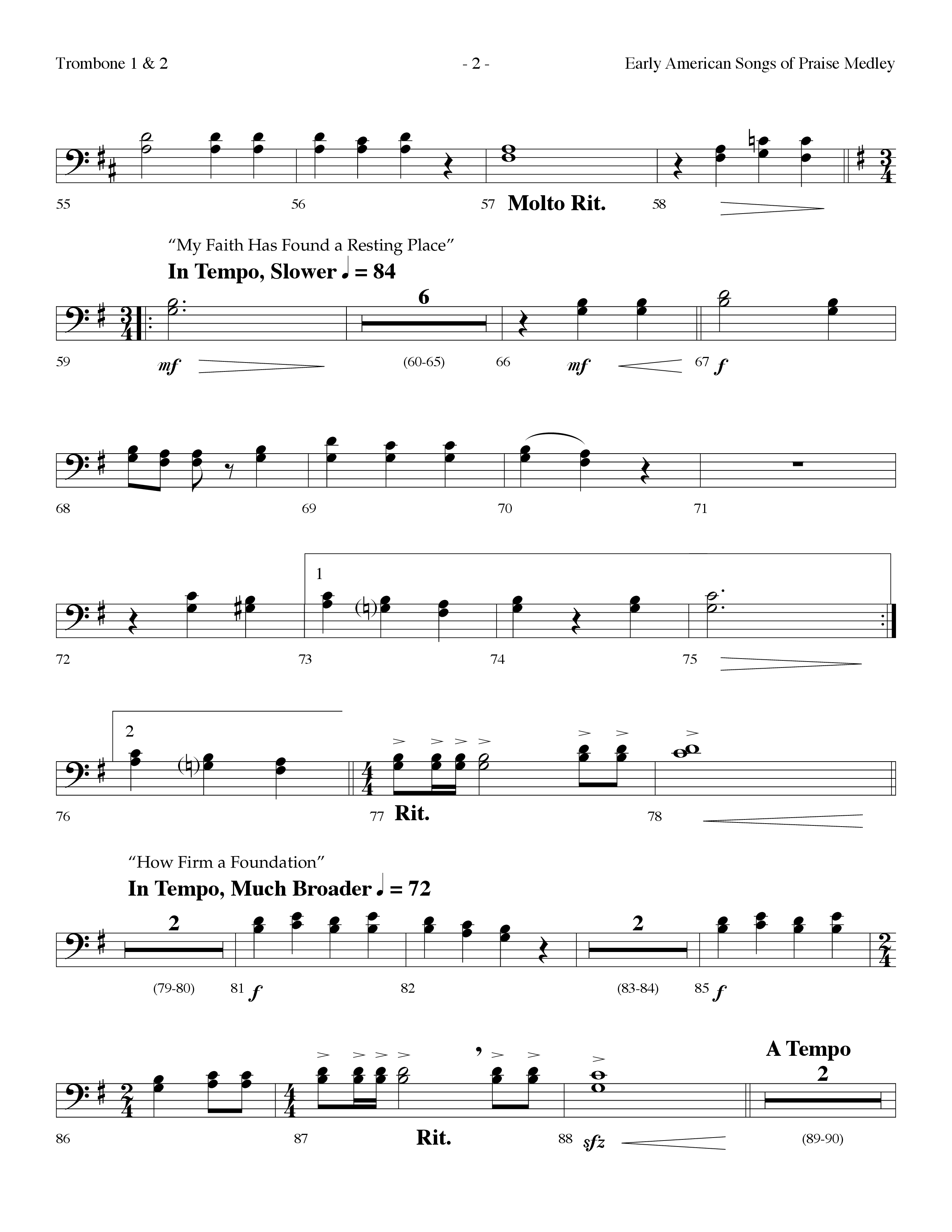 Early American Songs Of Praise Medley (with Shaker Hymn, Come Thou Fount Of Every Blessing, My Faith (Choral Anthem SATB) Trombone 1/2 (Lifeway Choral / Arr. Dennis Allen)