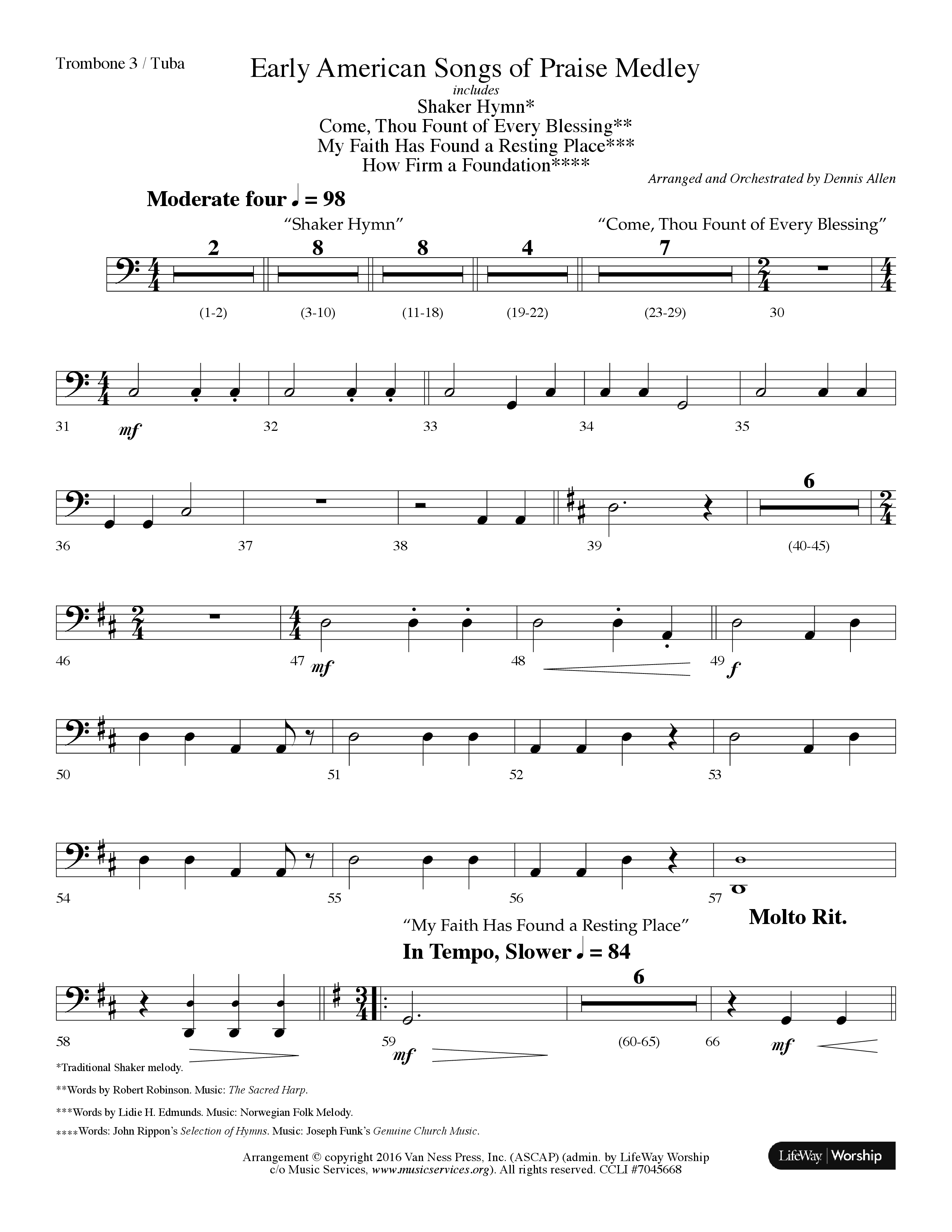 Early American Songs Of Praise Medley (with Shaker Hymn, Come Thou Fount Of Every Blessing, My Faith (Choral Anthem SATB) Trombone 3/Tuba (Lifeway Choral / Arr. Dennis Allen)