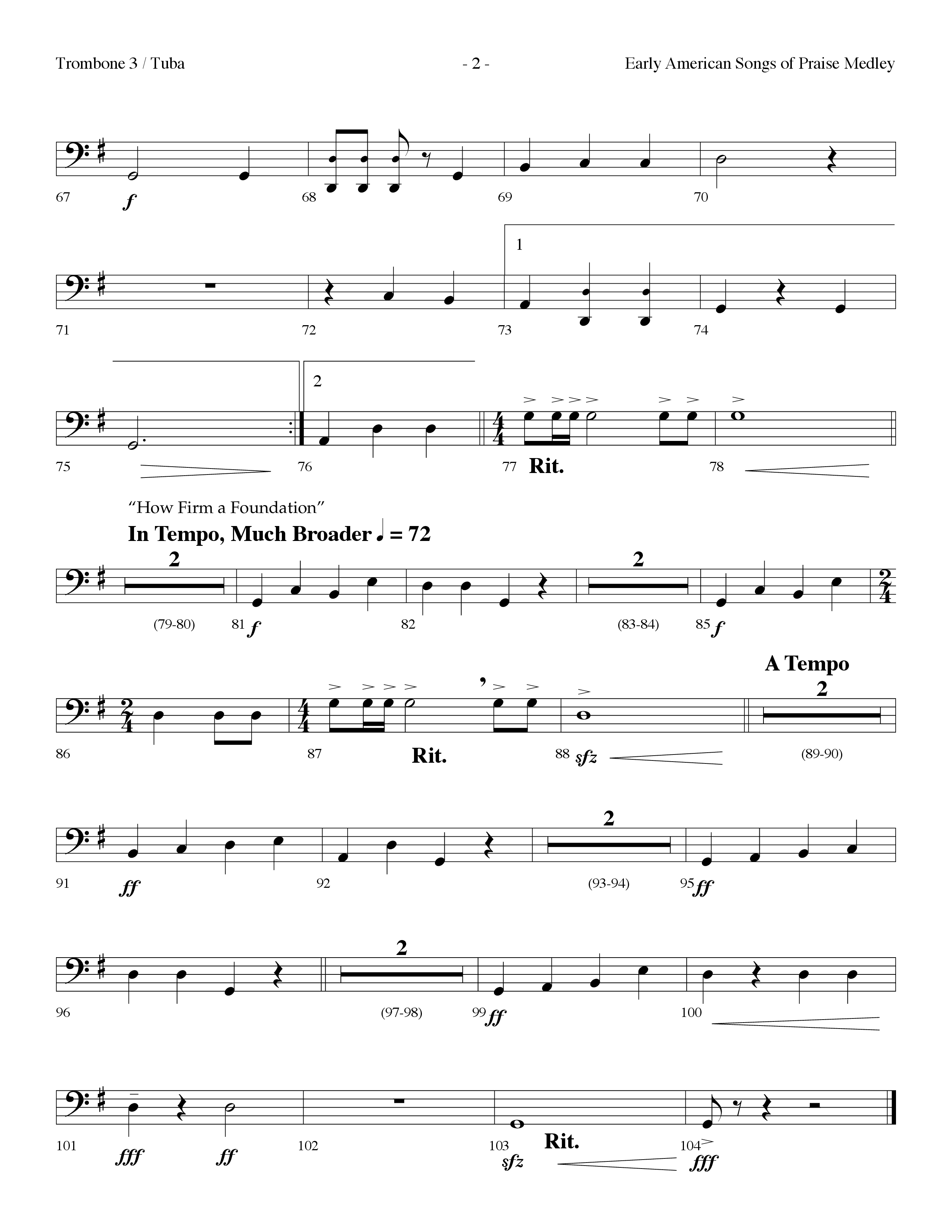 Early American Songs Of Praise Medley (with Shaker Hymn, Come Thou Fount Of Every Blessing, My Faith (Choral Anthem SATB) Trombone 3/Tuba (Lifeway Choral / Arr. Dennis Allen)