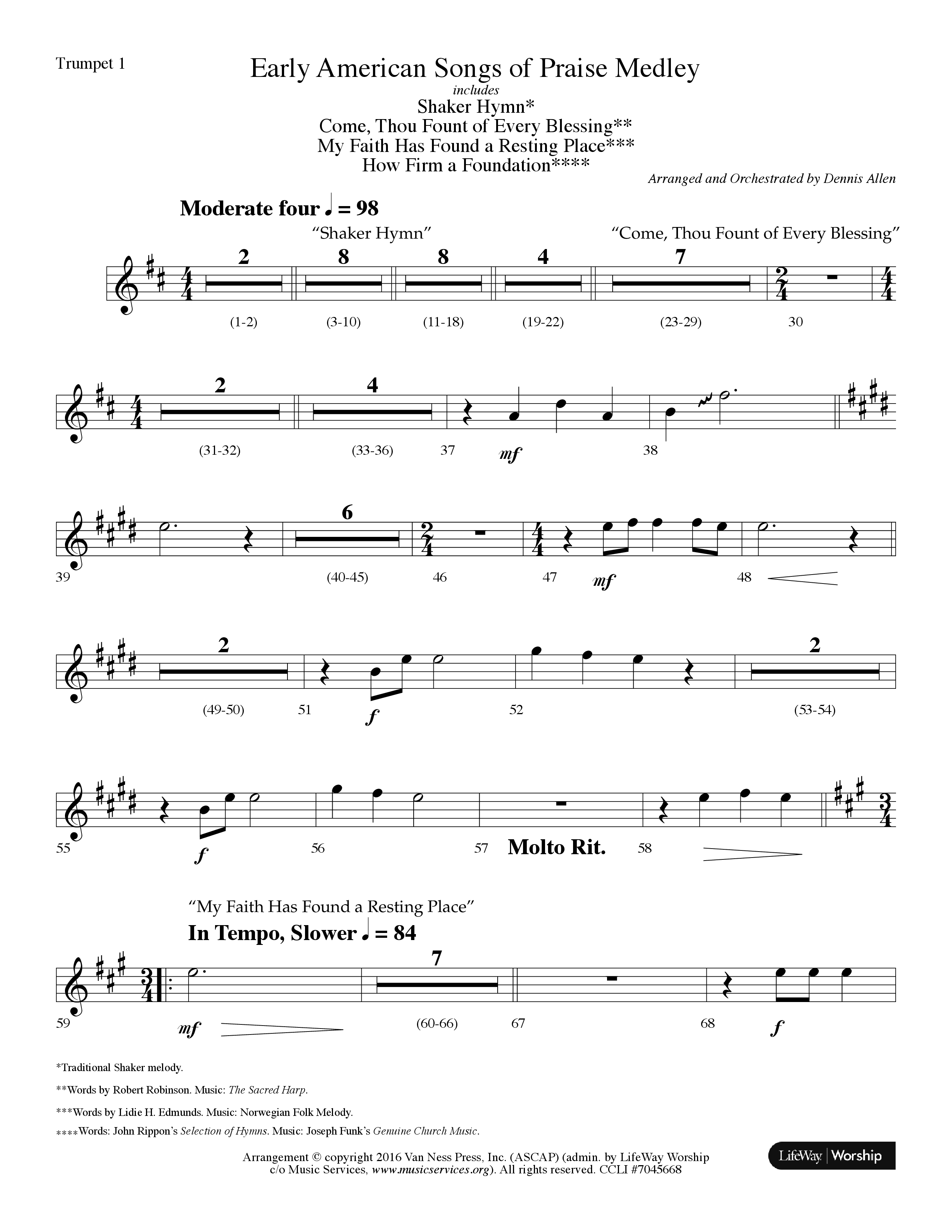Early American Songs Of Praise Medley (with Shaker Hymn, Come Thou Fount Of Every Blessing, My Faith (Choral Anthem SATB) Trumpet 1 (Lifeway Choral / Arr. Dennis Allen)