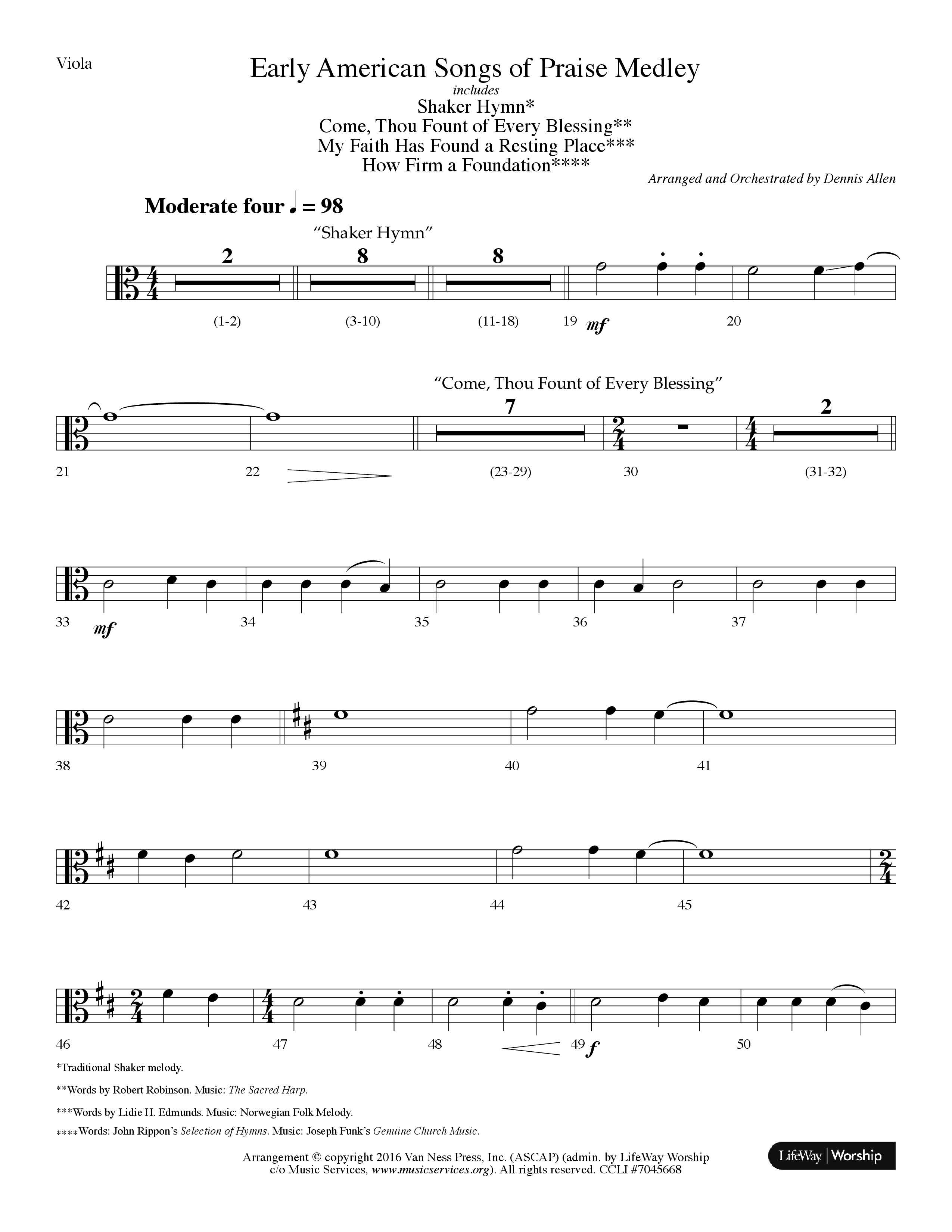 Early American Songs Of Praise Medley (with Shaker Hymn, Come Thou Fount Of Every Blessing, My Faith (Choral Anthem SATB) Viola (Lifeway Choral / Arr. Dennis Allen)