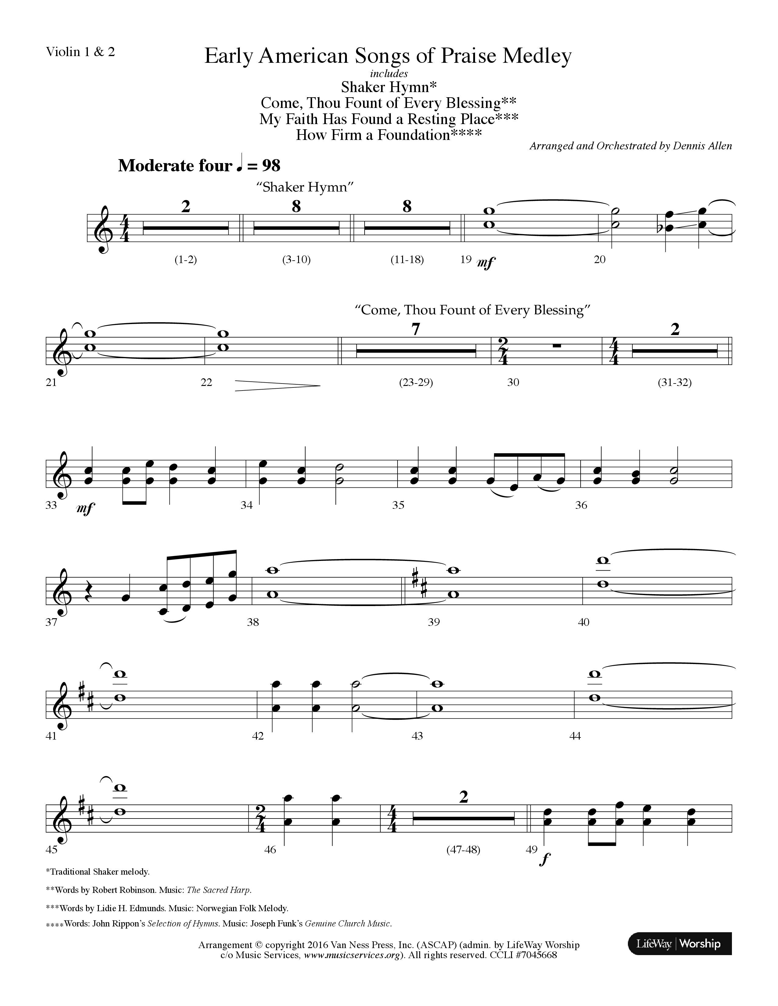 Early American Songs Of Praise Medley (with Shaker Hymn, Come Thou Fount Of Every Blessing, My Faith (Choral Anthem SATB) Violin 1/2 (Lifeway Choral / Arr. Dennis Allen)