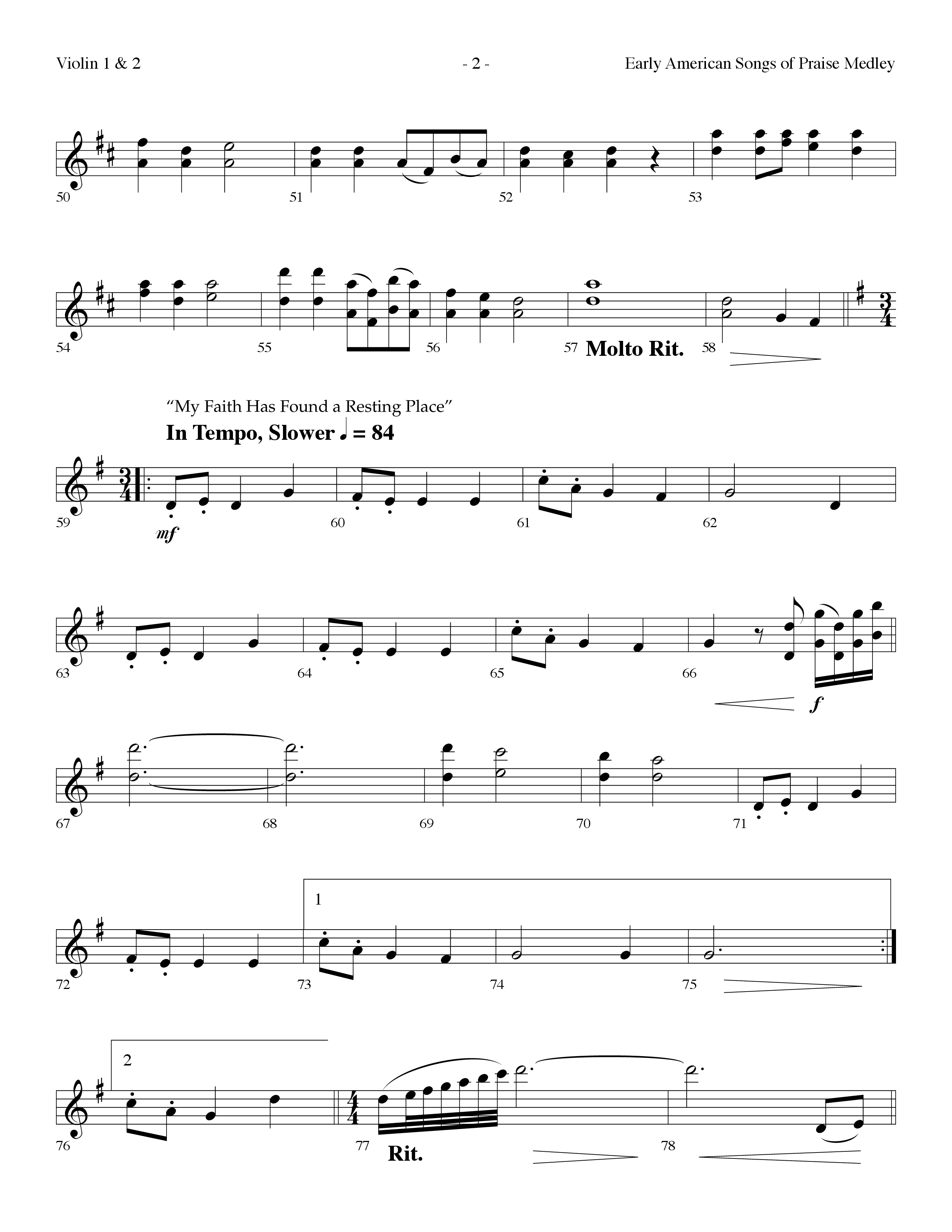 Early American Songs Of Praise Medley (with Shaker Hymn, Come Thou Fount Of Every Blessing, My Faith (Choral Anthem SATB) Violin 1/2 (Lifeway Choral / Arr. Dennis Allen)