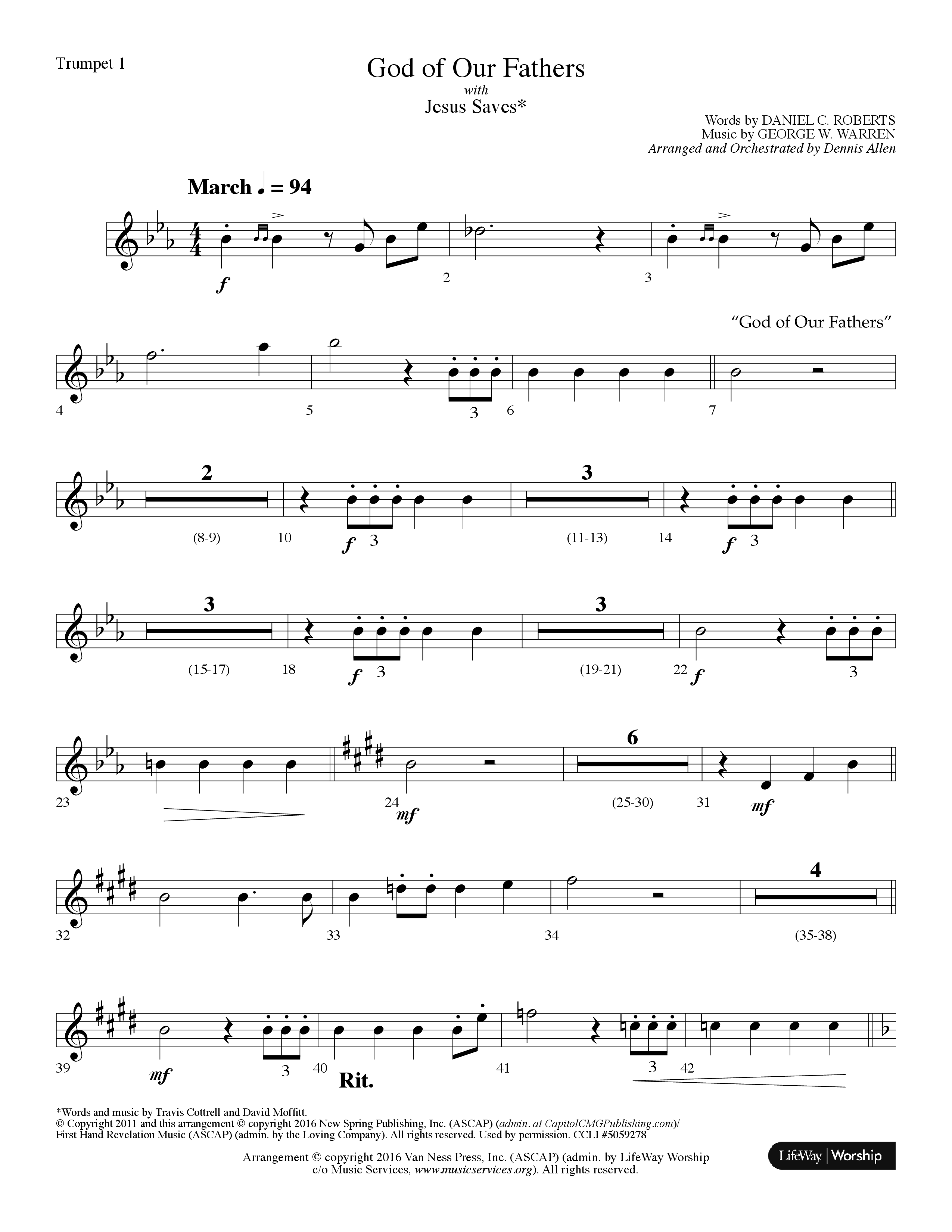 God Of Our Fathers (with Jesus Saves) (Choral Anthem SATB) Trumpet 1 (Lifeway Choral / Arr. Dennis Allen)