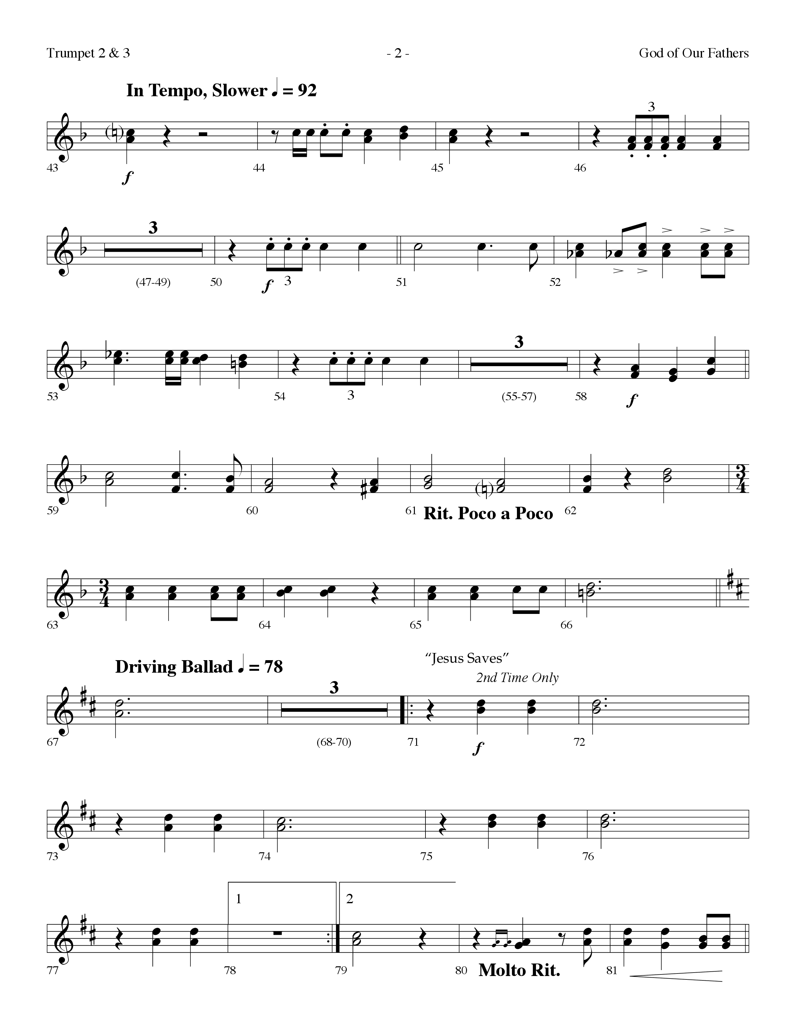 God Of Our Fathers (with Jesus Saves) (Choral Anthem SATB) Trumpet 2/3 (Lifeway Choral / Arr. Dennis Allen)