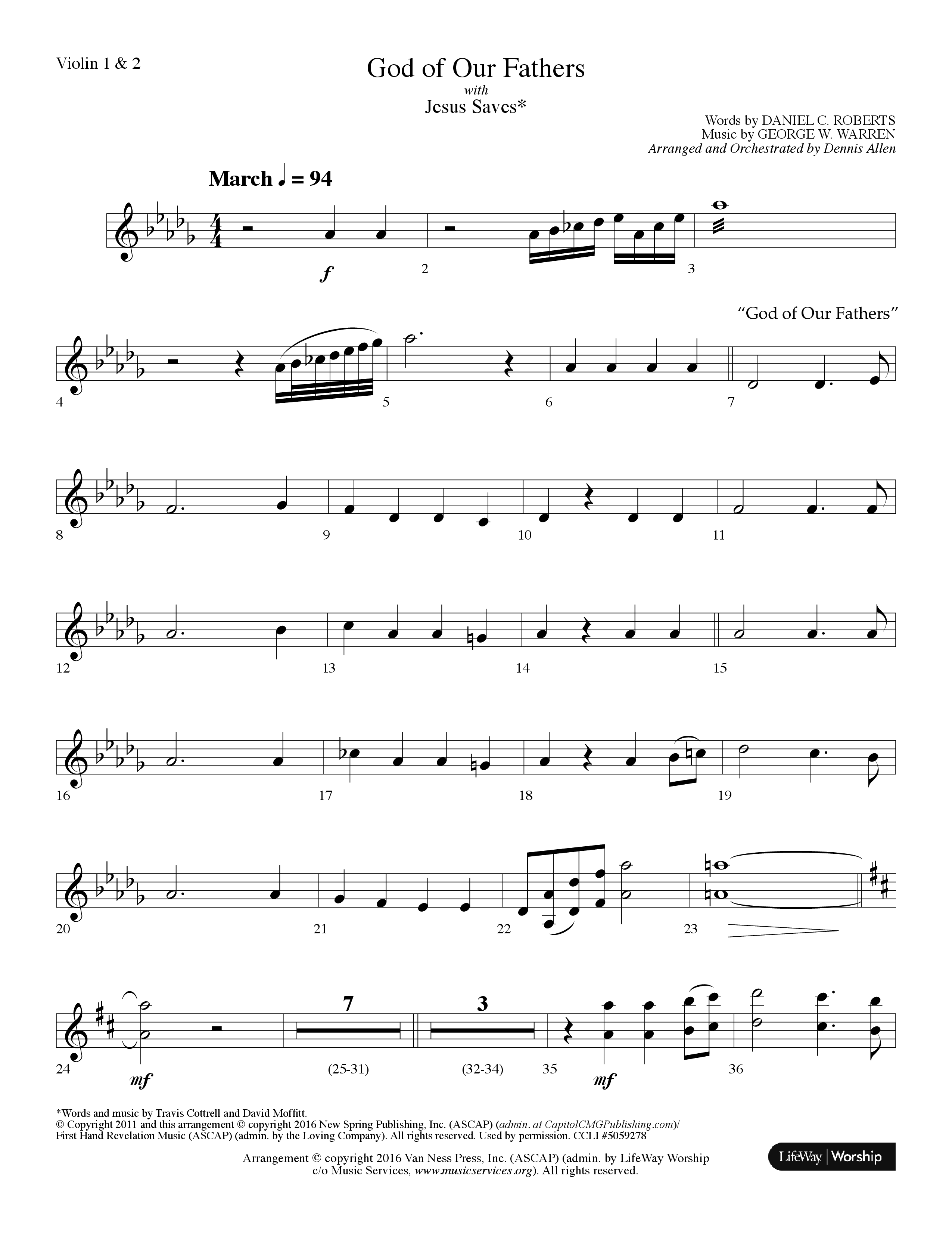 God Of Our Fathers (with Jesus Saves) (Choral Anthem SATB) Violin 1/2 (Lifeway Choral / Arr. Dennis Allen)
