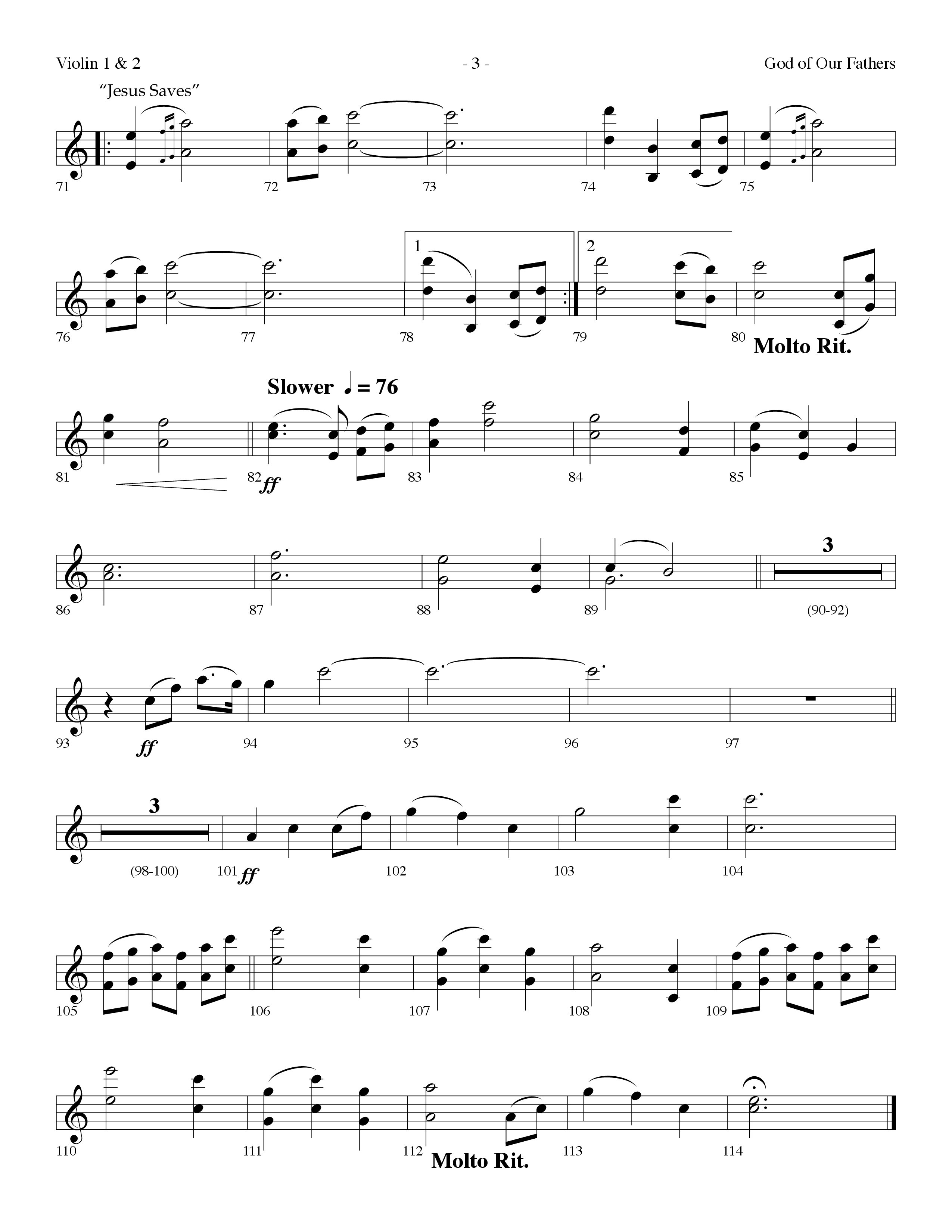 God Of Our Fathers (with Jesus Saves) (Choral Anthem SATB) Violin 1/2 (Lifeway Choral / Arr. Dennis Allen)