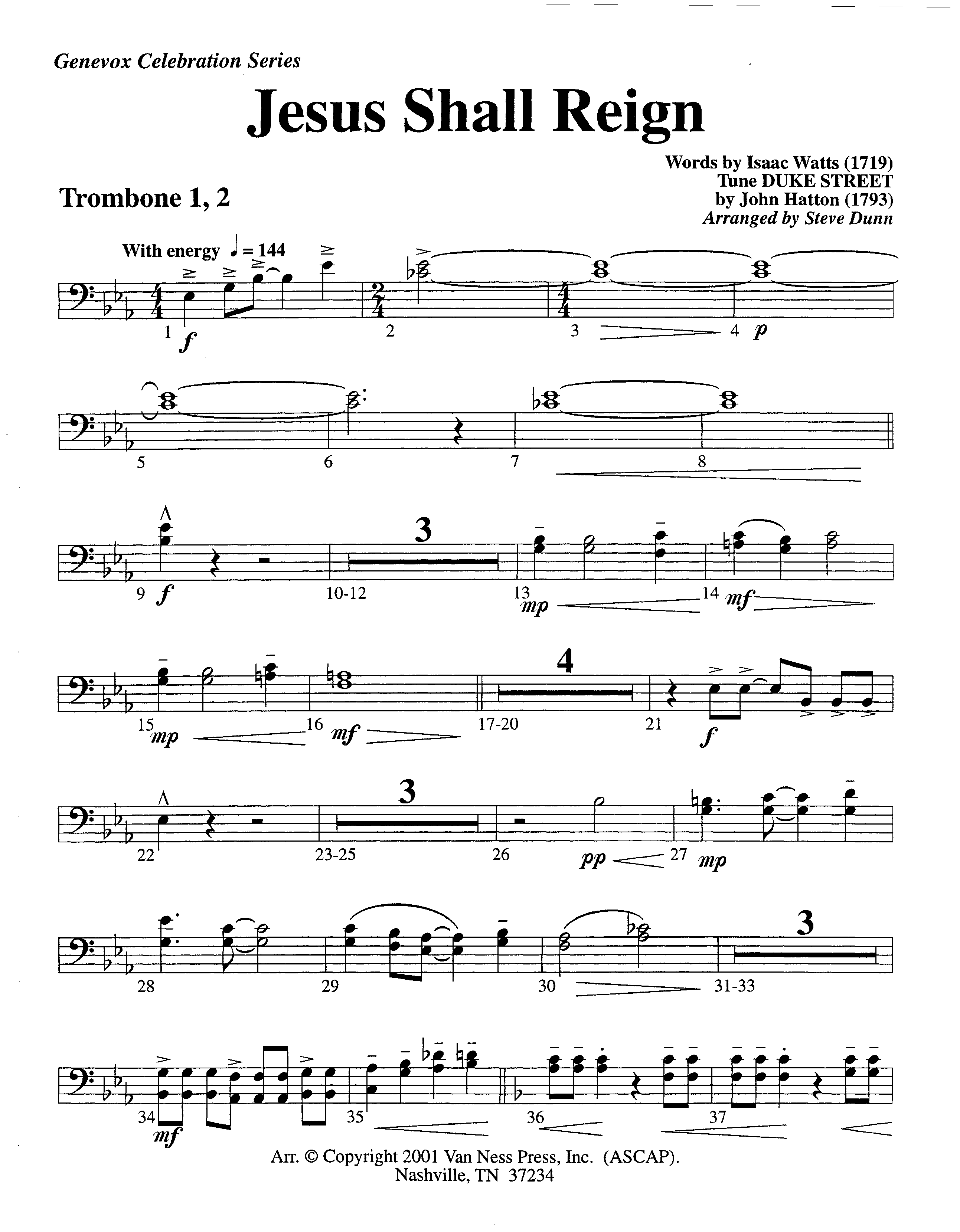 Jesus Shall Reign (Instrumental) Trombone 1/2 (Lifeway Worship / Arr. Steve Dunn)