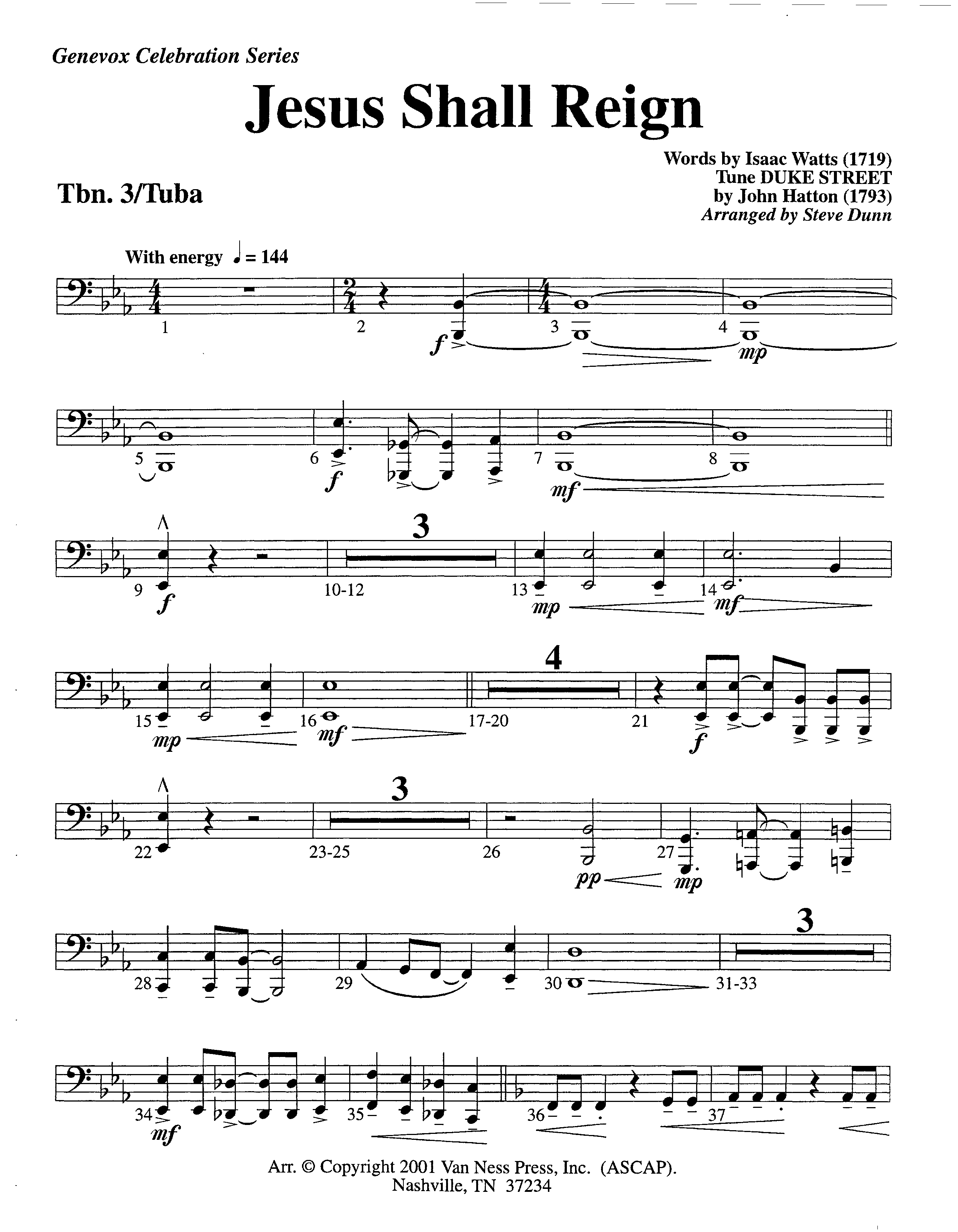 Jesus Shall Reign (Instrumental) Trombone 3/Tuba (Lifeway Worship / Arr. Steve Dunn)