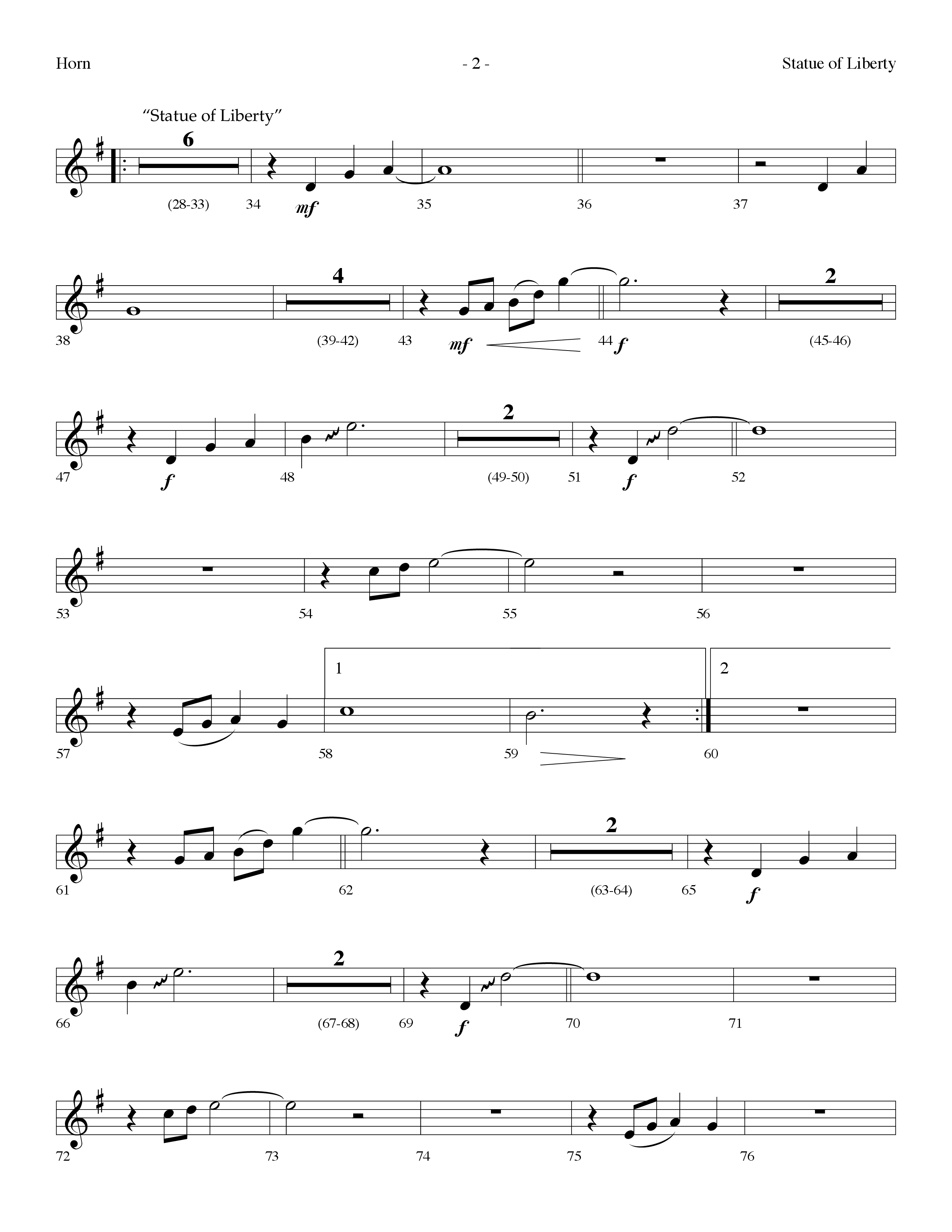 Statue Of Liberty (with America The Beautiful) (Choral Anthem SATB) French Horn (Lifeway Choral / Arr. Dennis Allen)