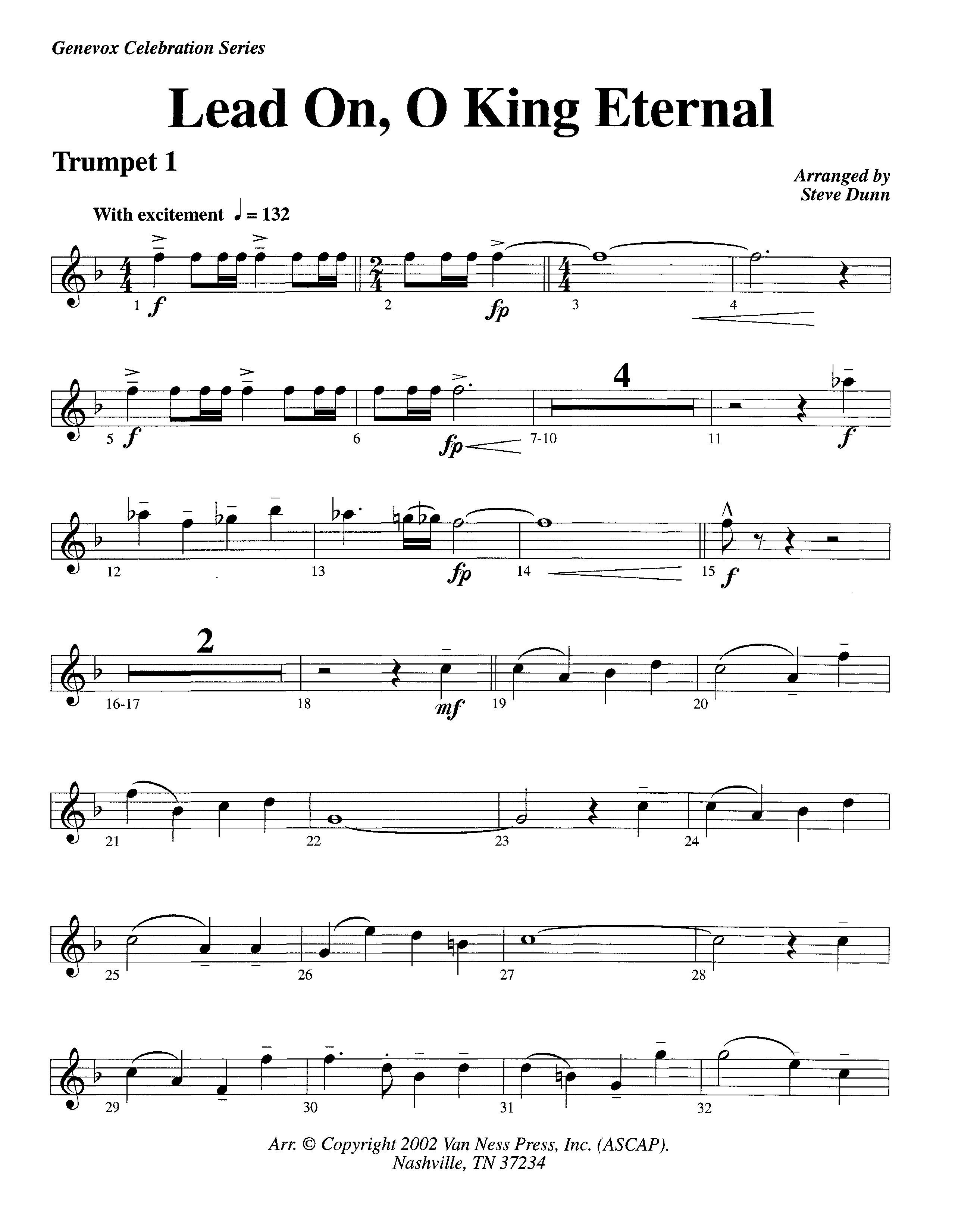 Lead On O King Eternal (Instrumental) Trumpet 1 (Lifeway Worship / Arr. Steve Dunn)
