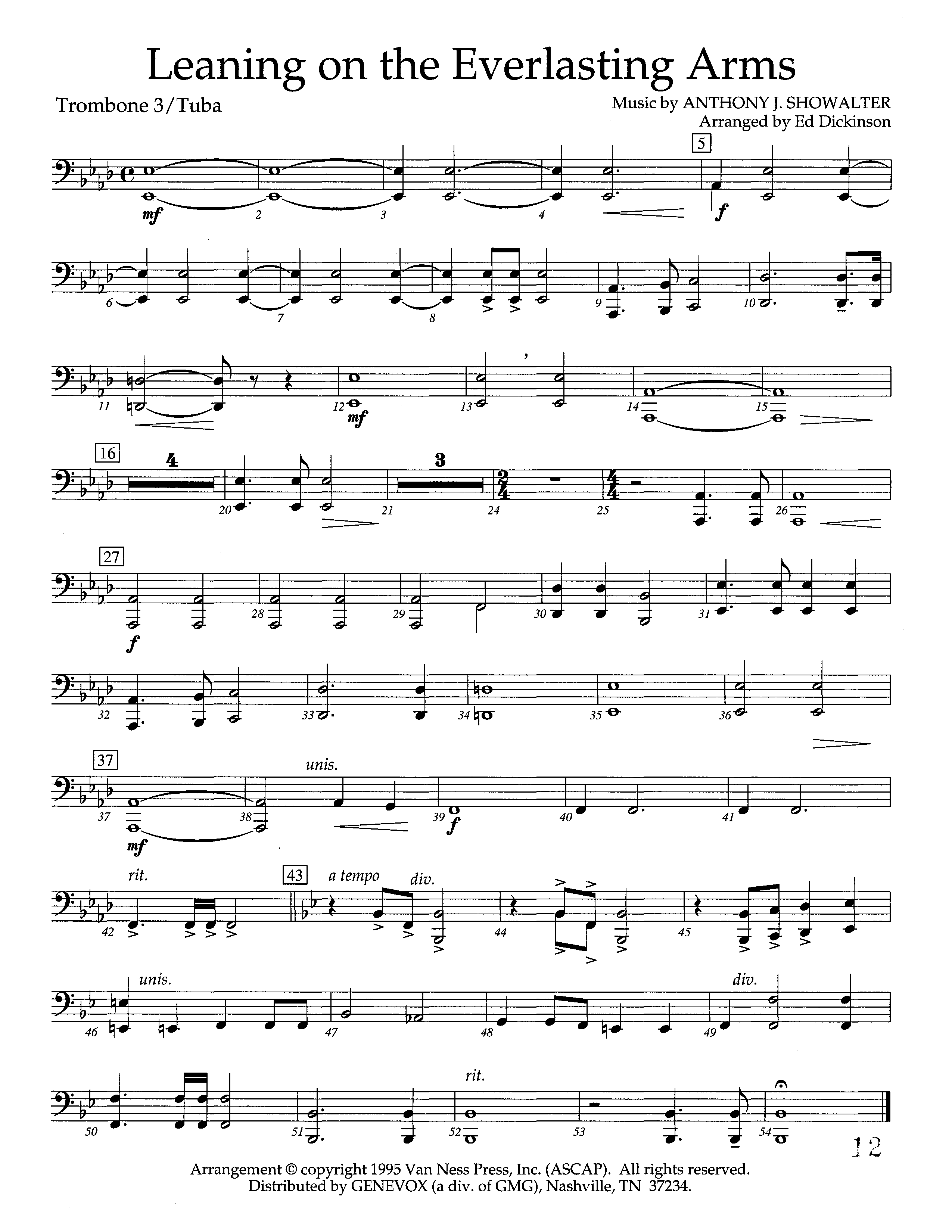 Leaning On The Everlasting Arms (Instrumental) Trombone 3/Tuba (Lifeway Worship / Arr. Ed Dickinson)
