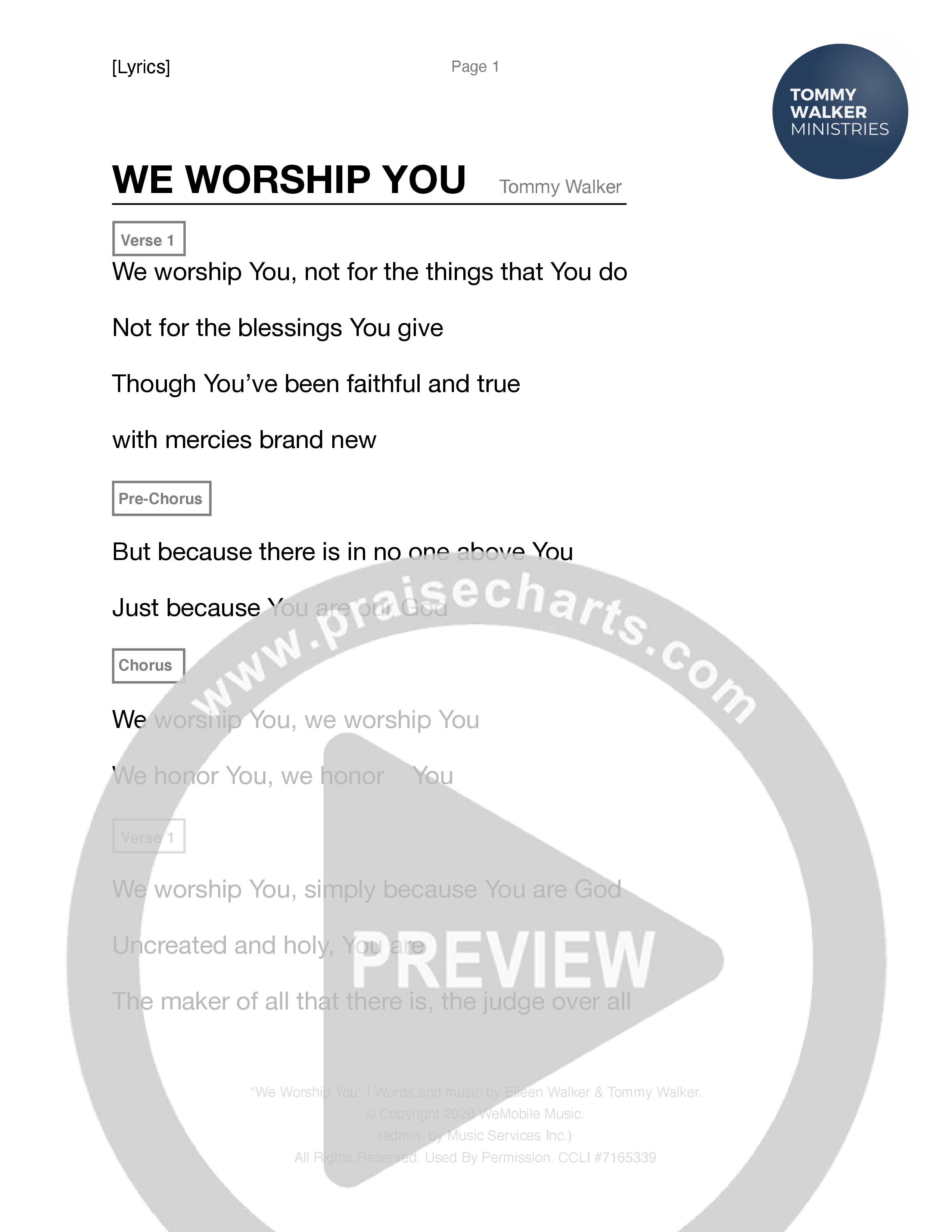 We Worship You Chord Chart (Tommy Walker)