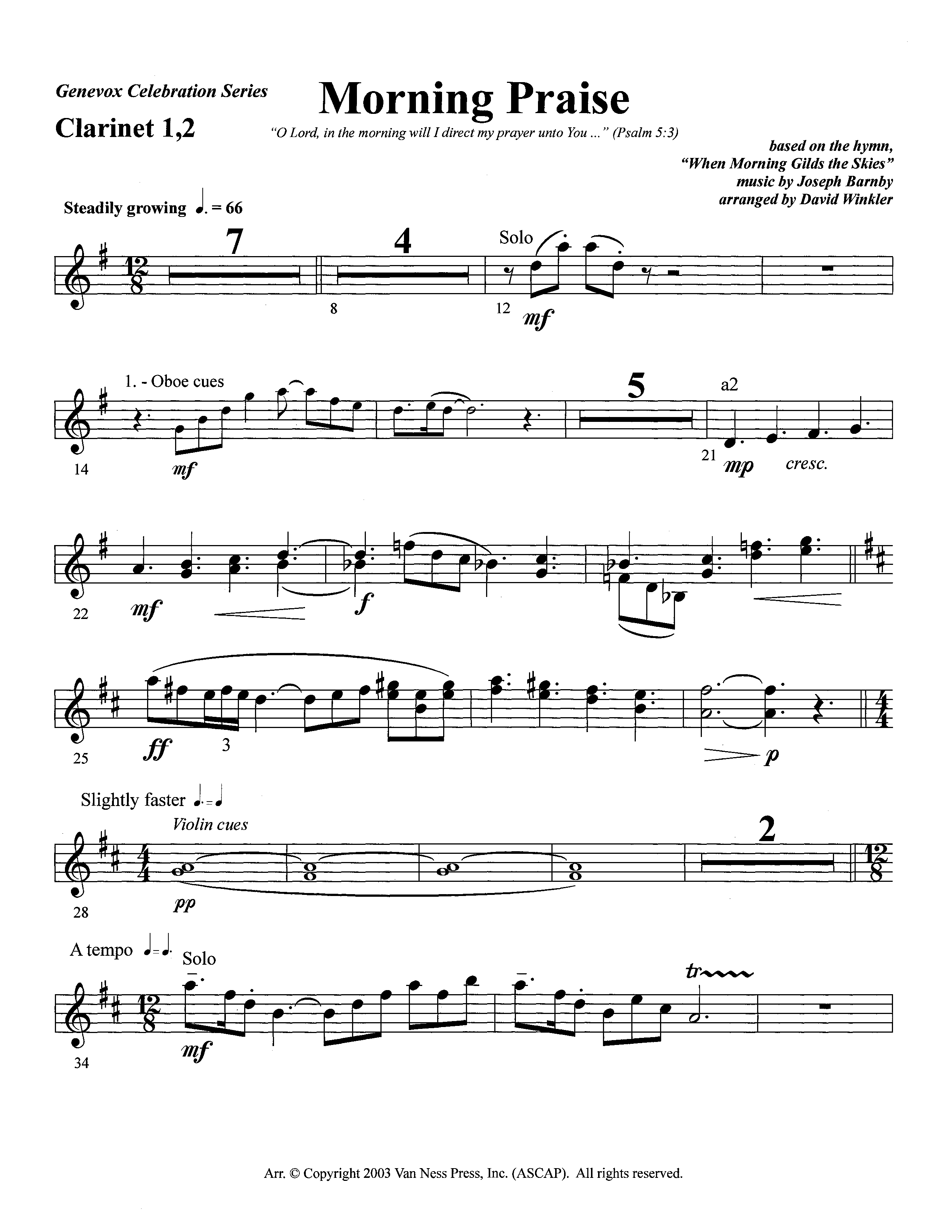 Morning Praise (Instrumental) Clarinet 1/2 (Lifeway Worship / Arr. David Winkler)