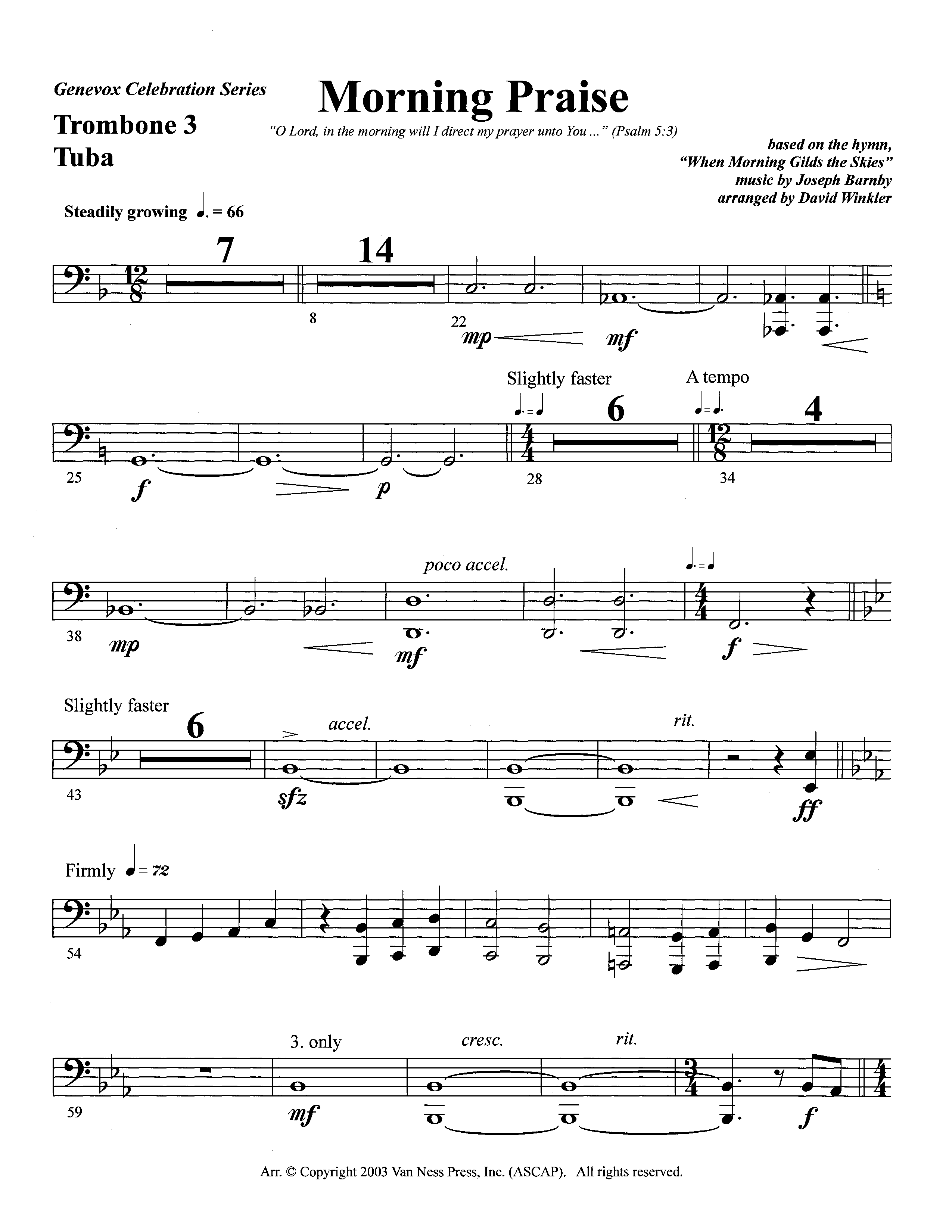 Morning Praise (Instrumental) Trombone 3/Tuba (Lifeway Worship / Arr. David Winkler)