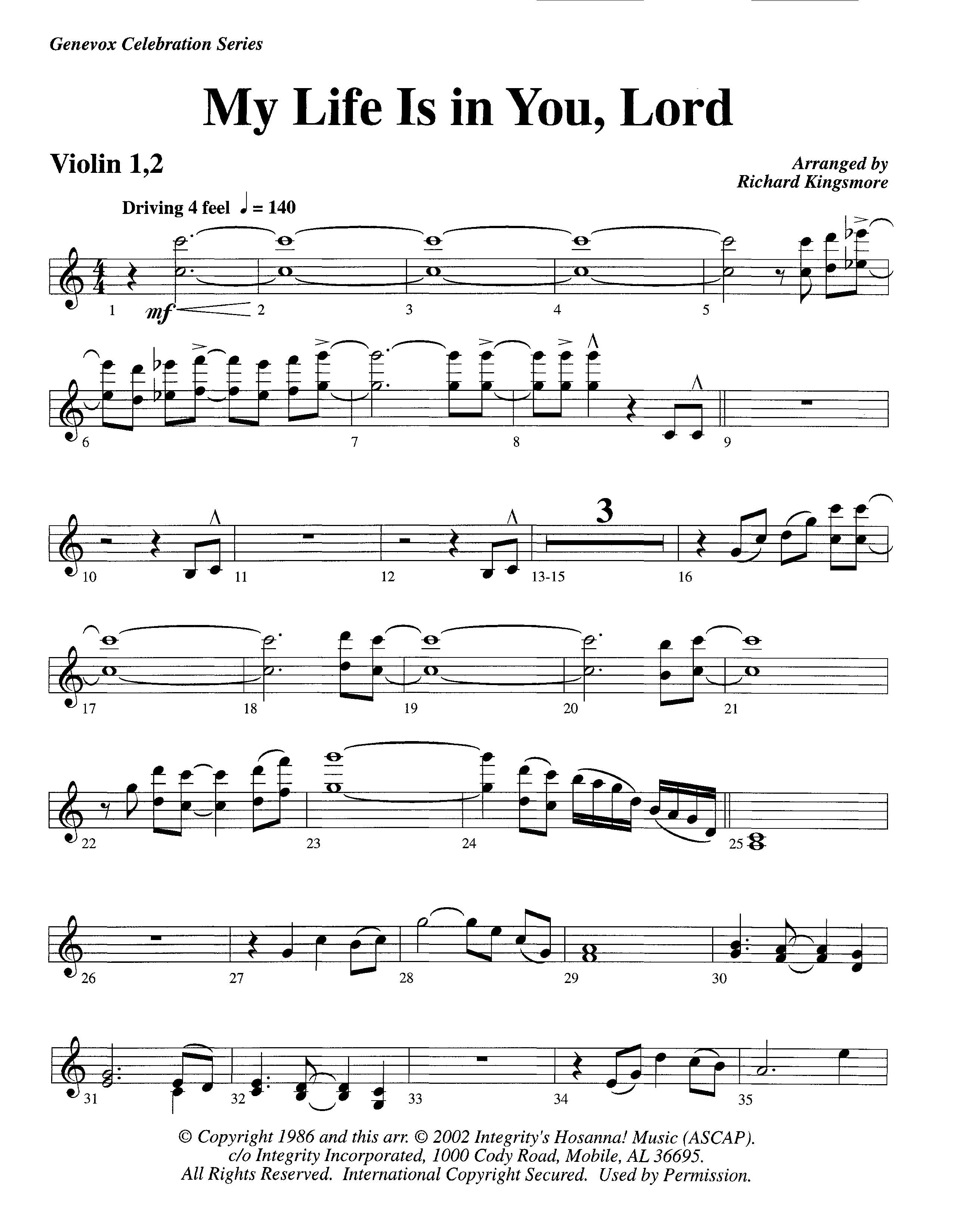 My Life Is In You (Instrumental) Violin 1/2 (Lifeway Worship / Arr. Richard Kingsmore)