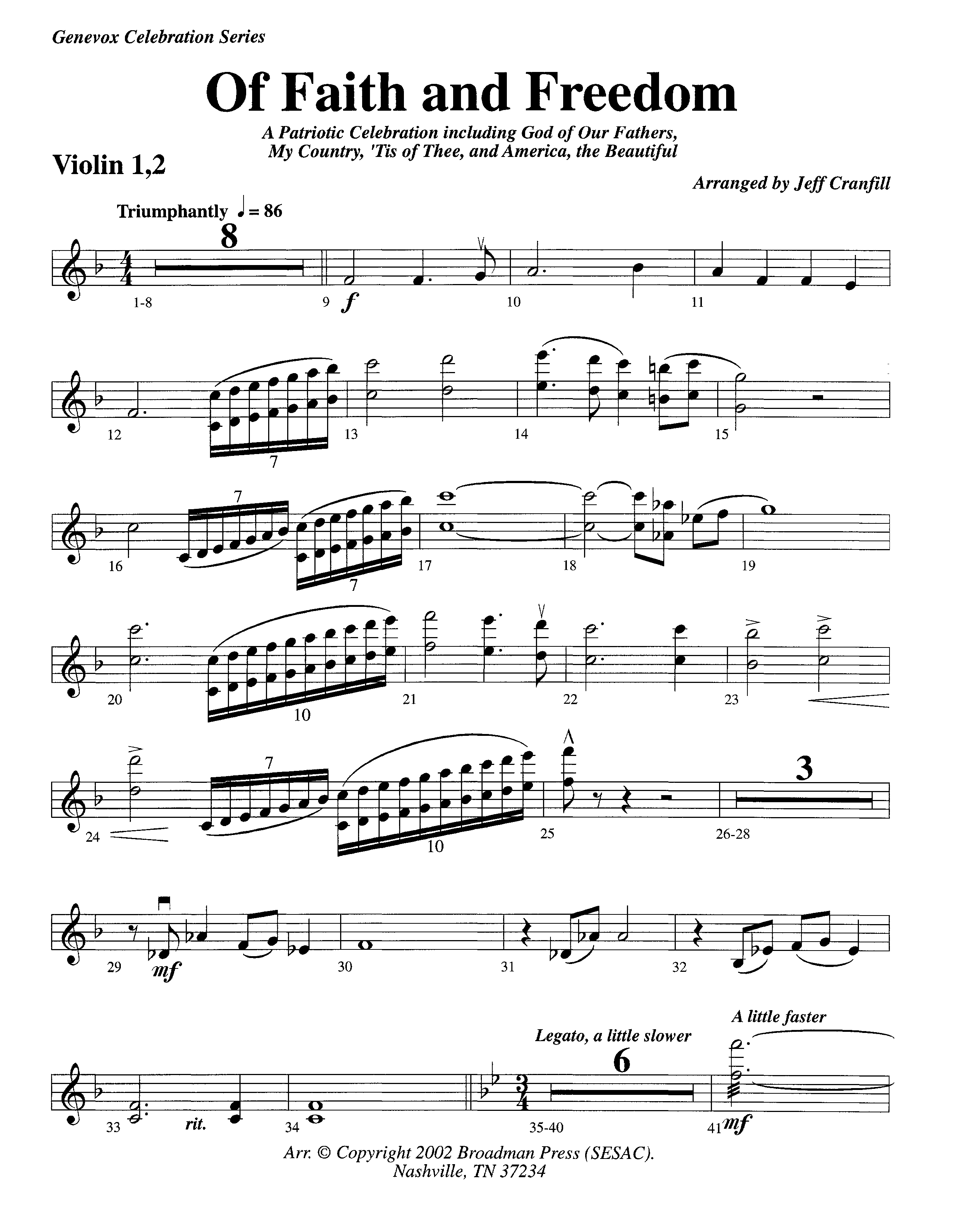 Of Faith And Freedom (Instrumental) Violin 1/2 (Lifeway Worship / Arr. Jeff Cranfill)