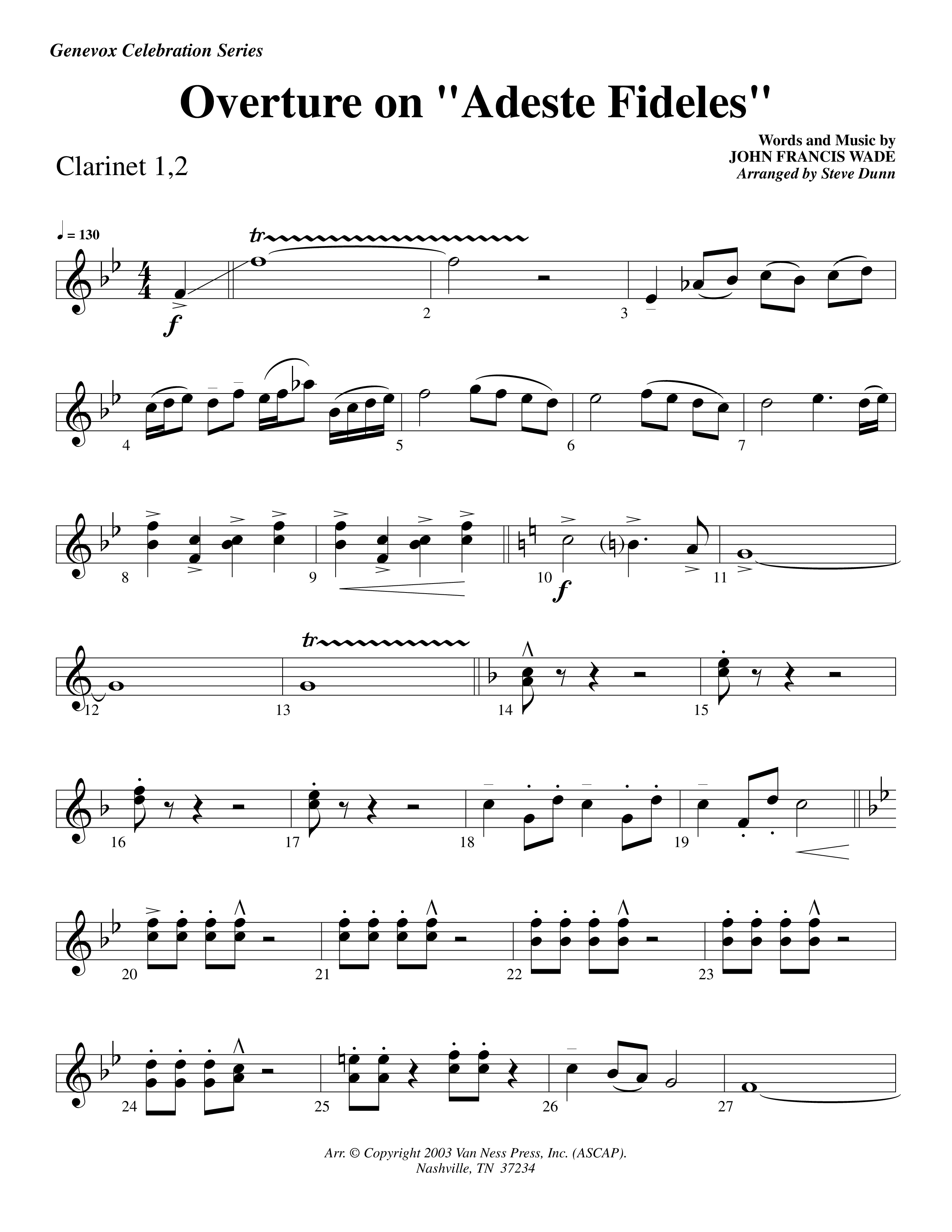 Overture On Adeste Fideles (Instrumental) Clarinet 1/2 (Lifeway Worship / Arr. Steve Dunn)