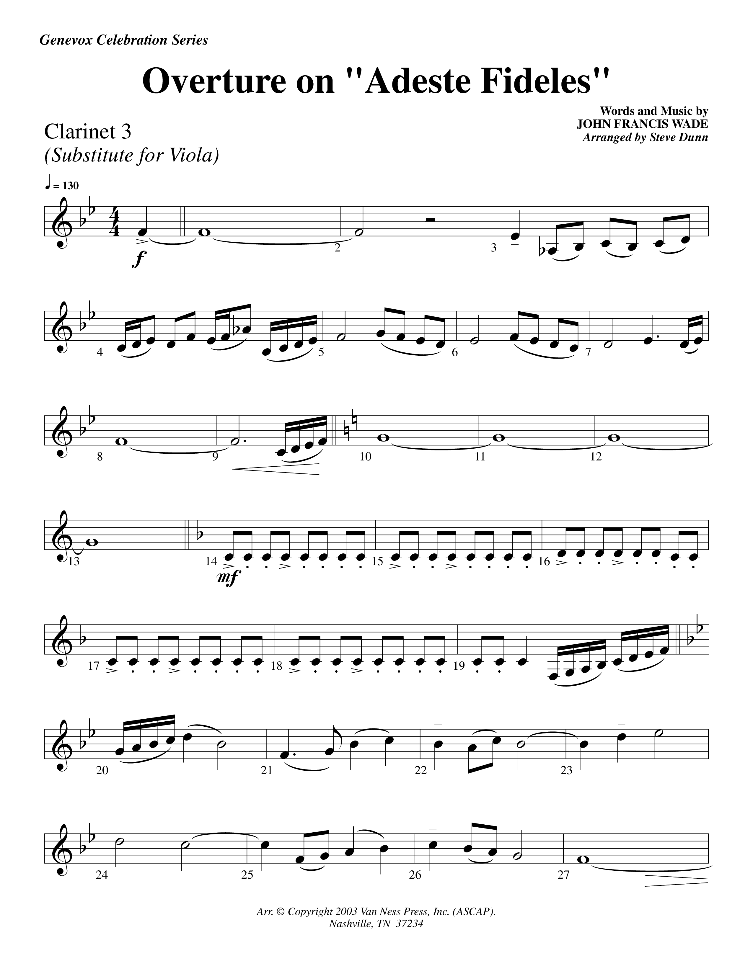 Overture On Adeste Fideles (Instrumental) Clarinet 3 (Lifeway Worship / Arr. Steve Dunn)