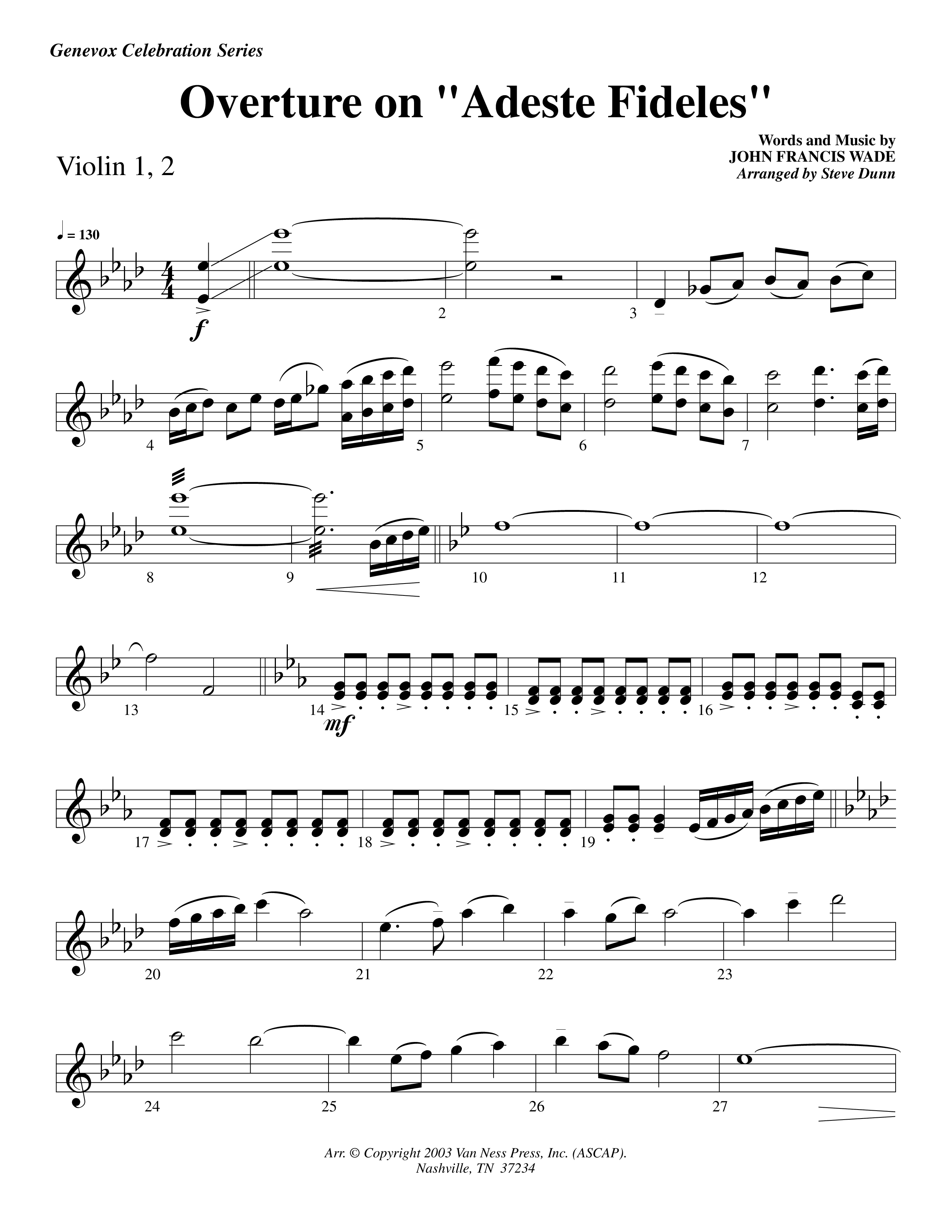 Overture On Adeste Fideles (Instrumental) Violin 1/2 (Lifeway Worship / Arr. Steve Dunn)