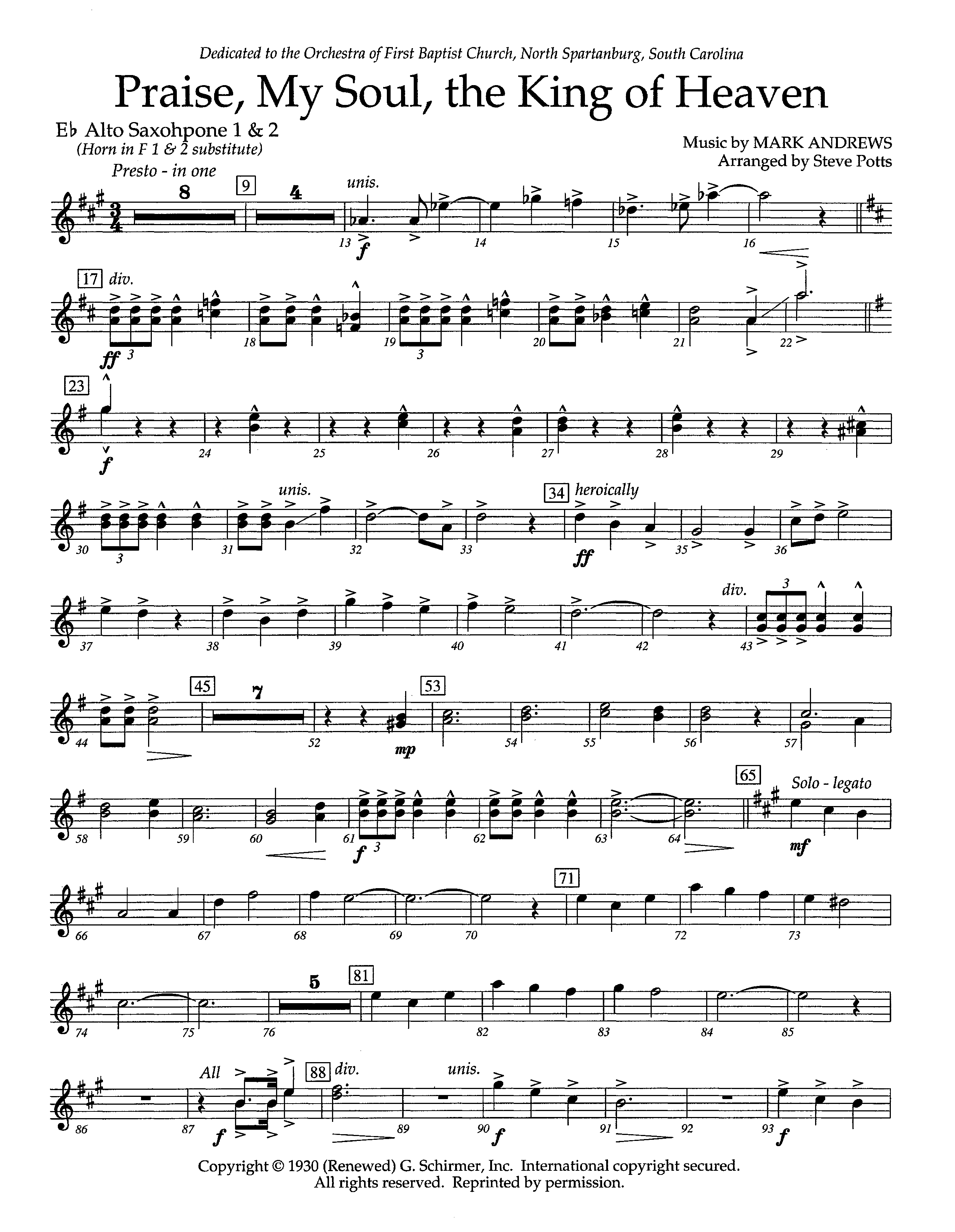 Praise My Soul The King Of Heaven (Instrumental) Alto Sax 1/2 (Lifeway Worship / Arr. Steve Potts)
