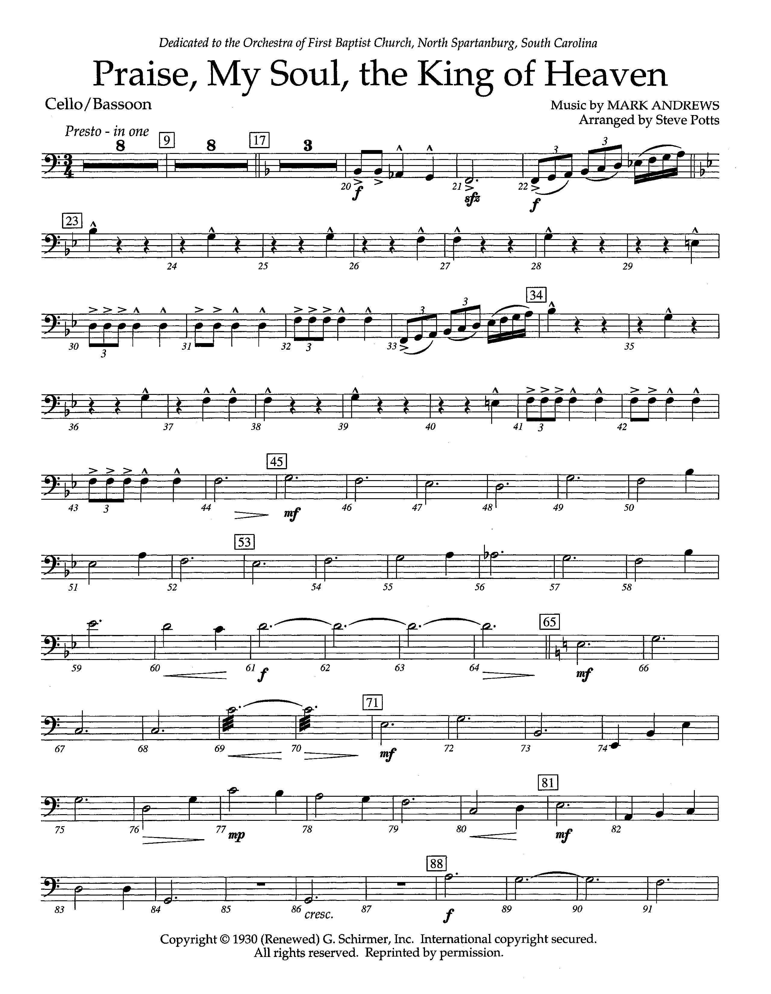 Praise My Soul The King Of Heaven (Instrumental) Cello (Lifeway Worship / Arr. Steve Potts)