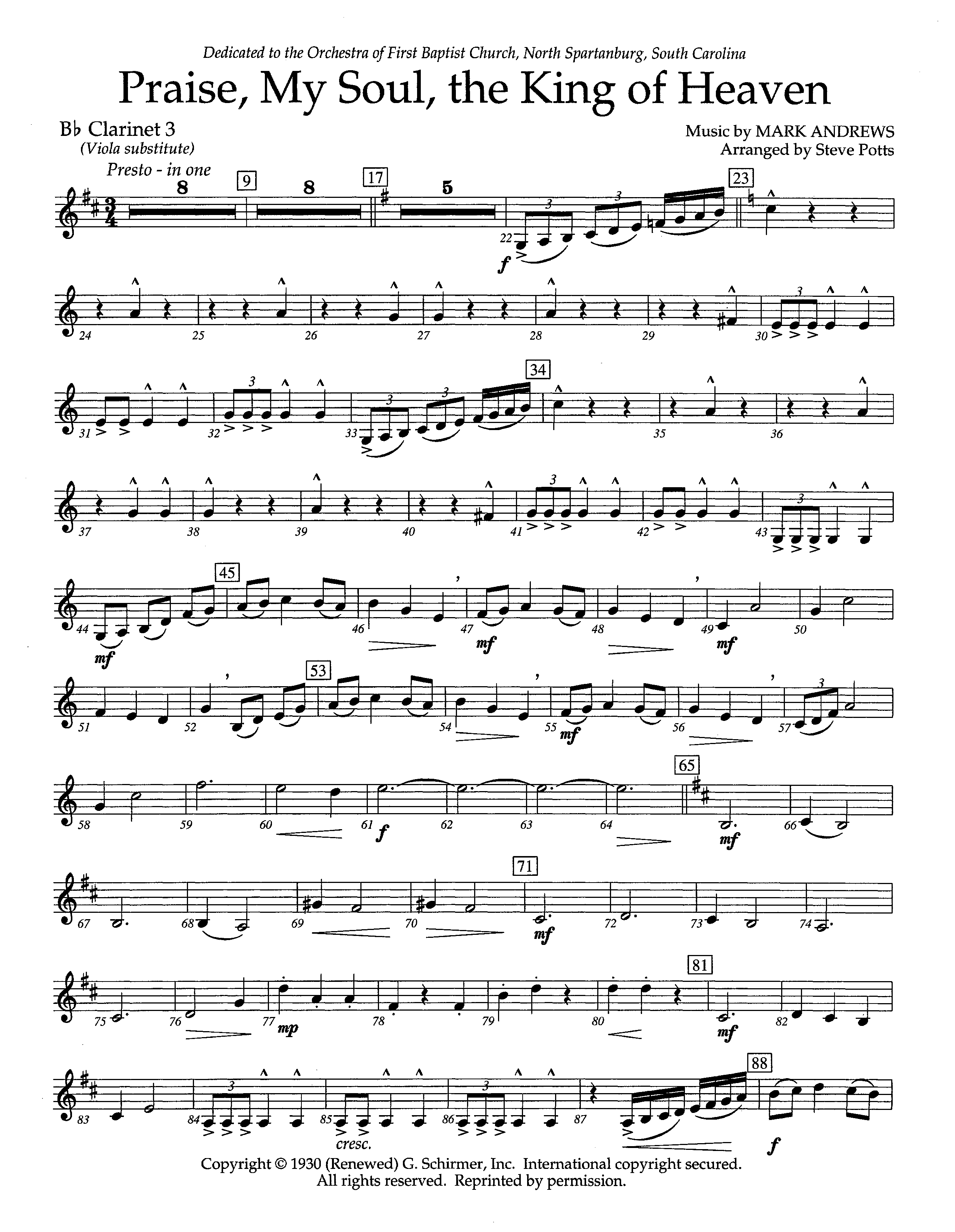 Praise My Soul The King Of Heaven (Instrumental) Clarinet 3 (Lifeway Worship / Arr. Steve Potts)