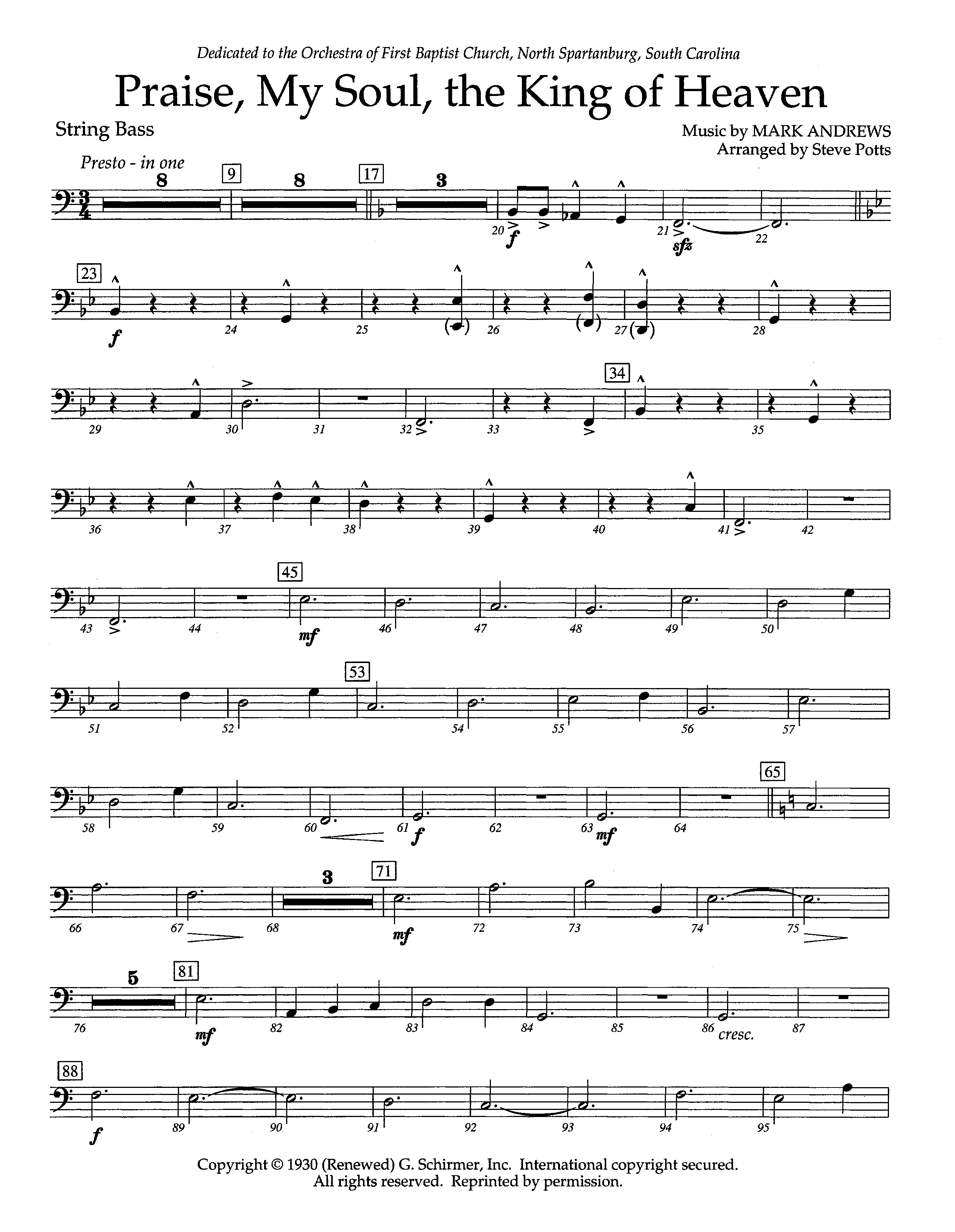 Praise My Soul The King Of Heaven (Instrumental) Double Bass (Lifeway Worship / Arr. Steve Potts)