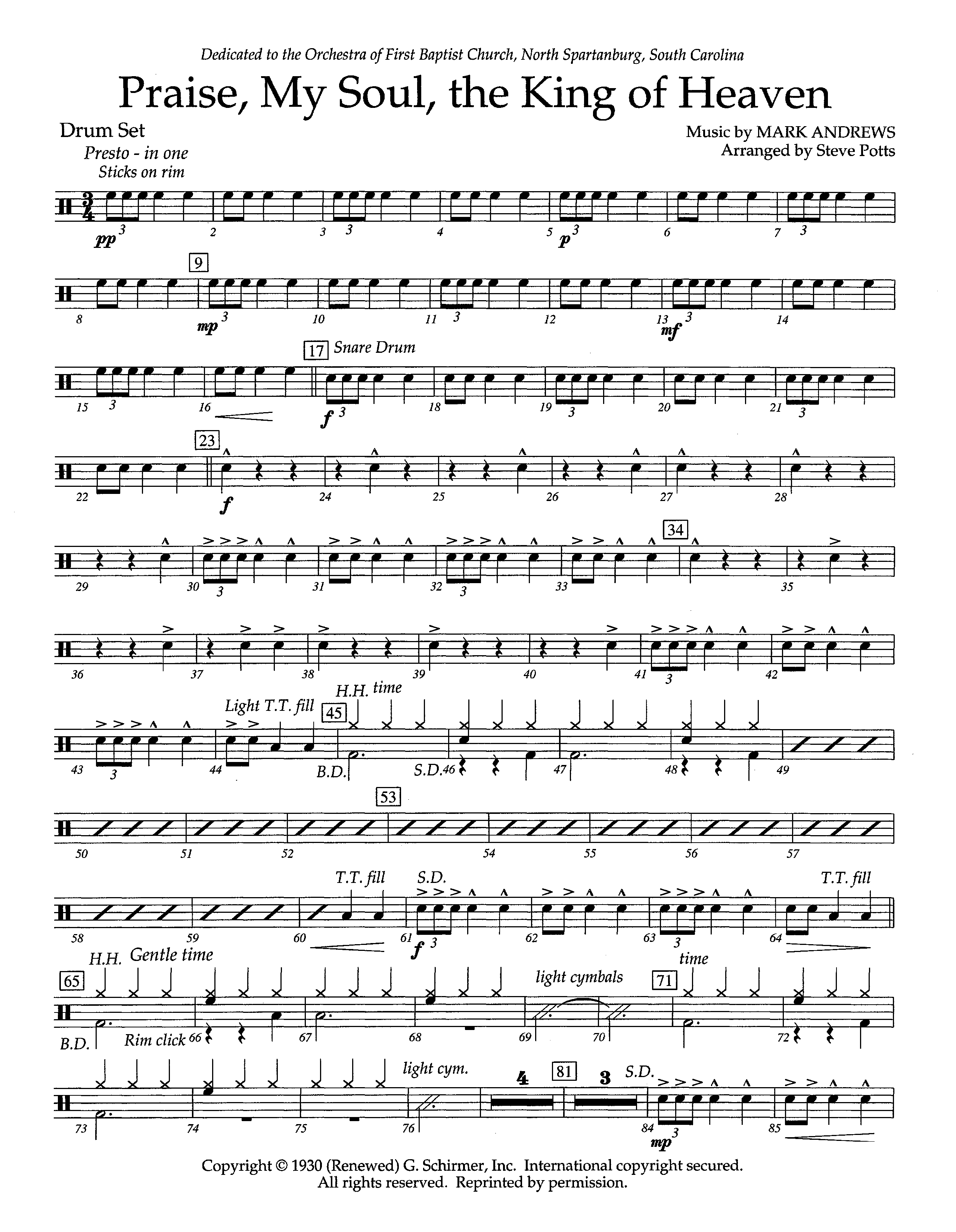 Praise My Soul The King Of Heaven (Instrumental) Drum Set (Lifeway Worship / Arr. Steve Potts)