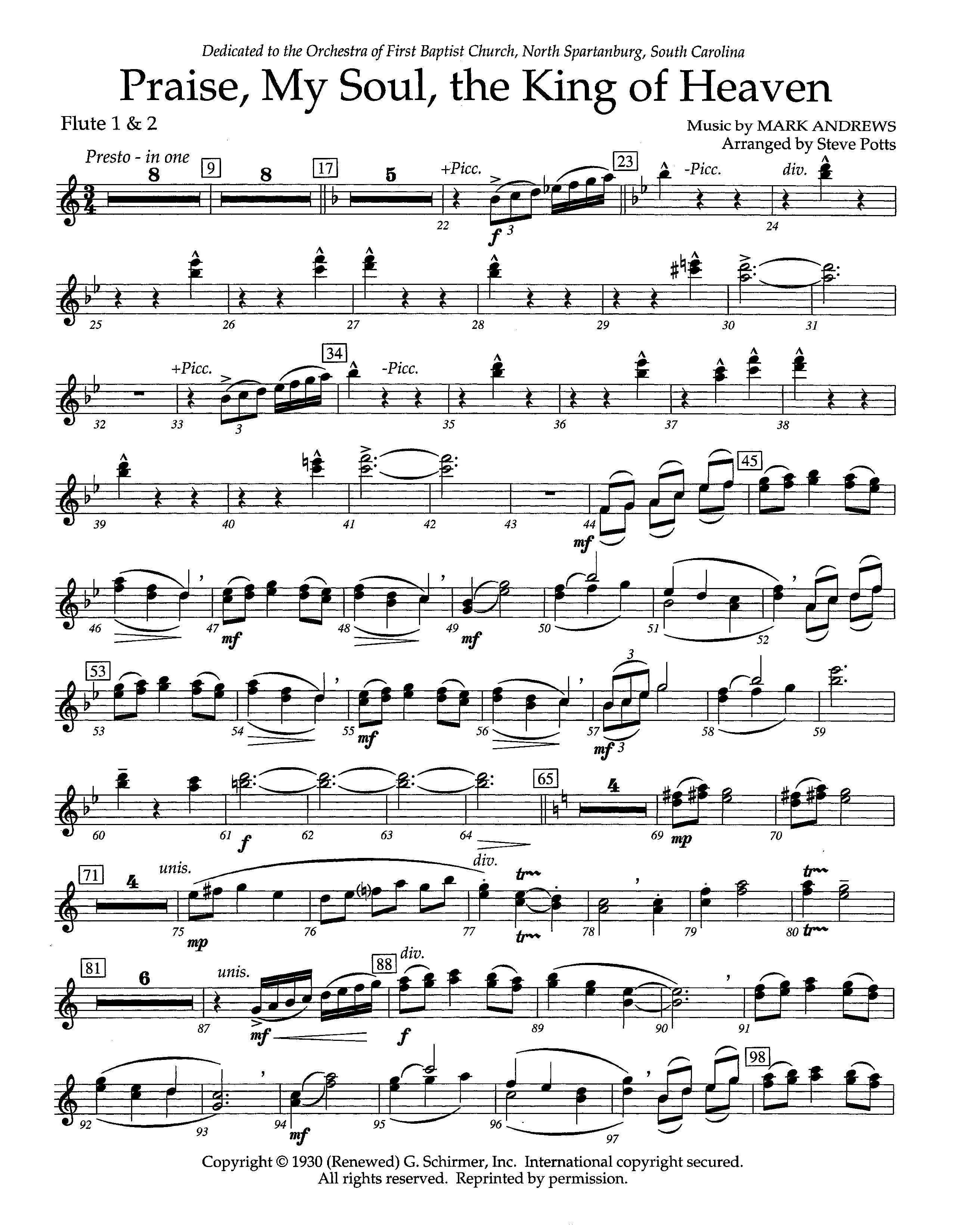 Praise My Soul The King Of Heaven (Instrumental) Flute 1/2 (Lifeway Worship / Arr. Steve Potts)