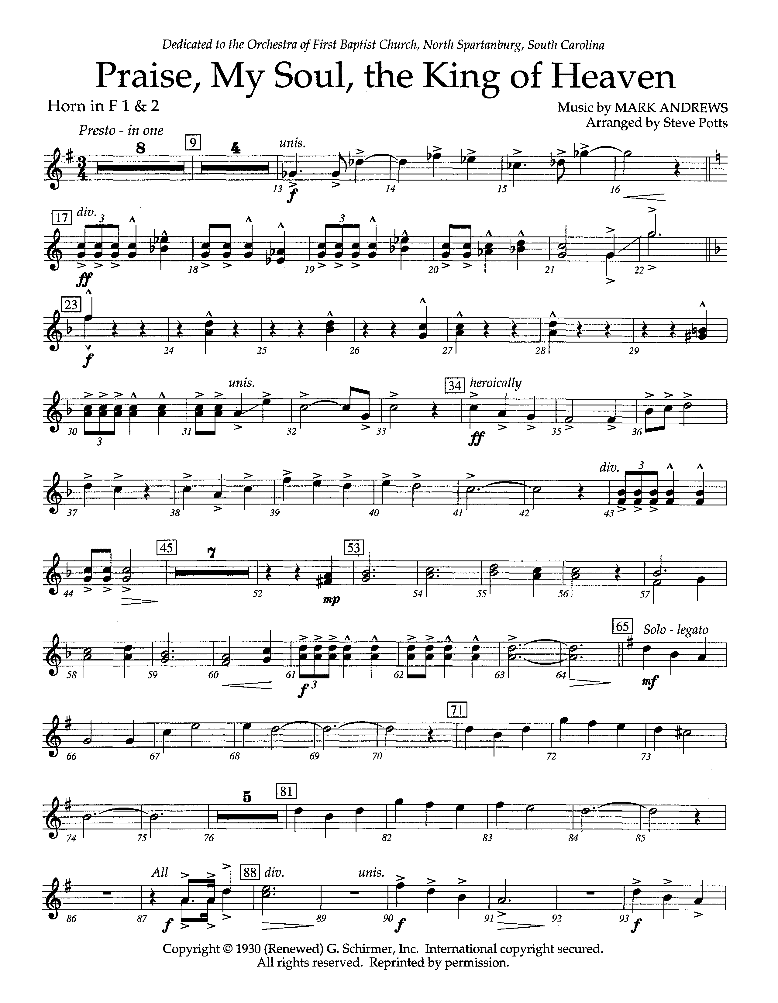 Praise My Soul The King Of Heaven (Instrumental) French Horn 1/2 (Lifeway Worship / Arr. Steve Potts)