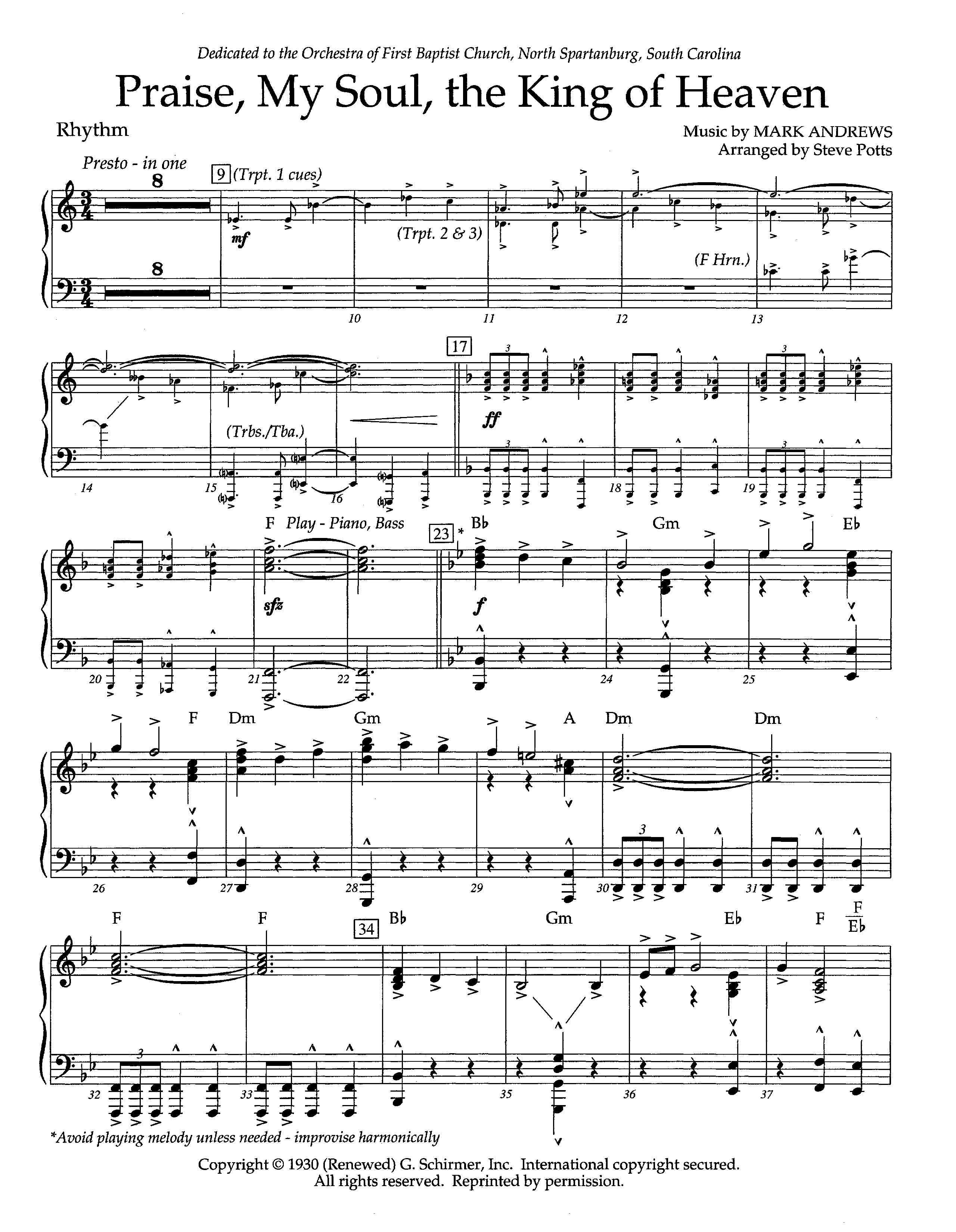 Praise My Soul The King Of Heaven (Instrumental) Piano/Rhythm (Lifeway Worship / Arr. Steve Potts)